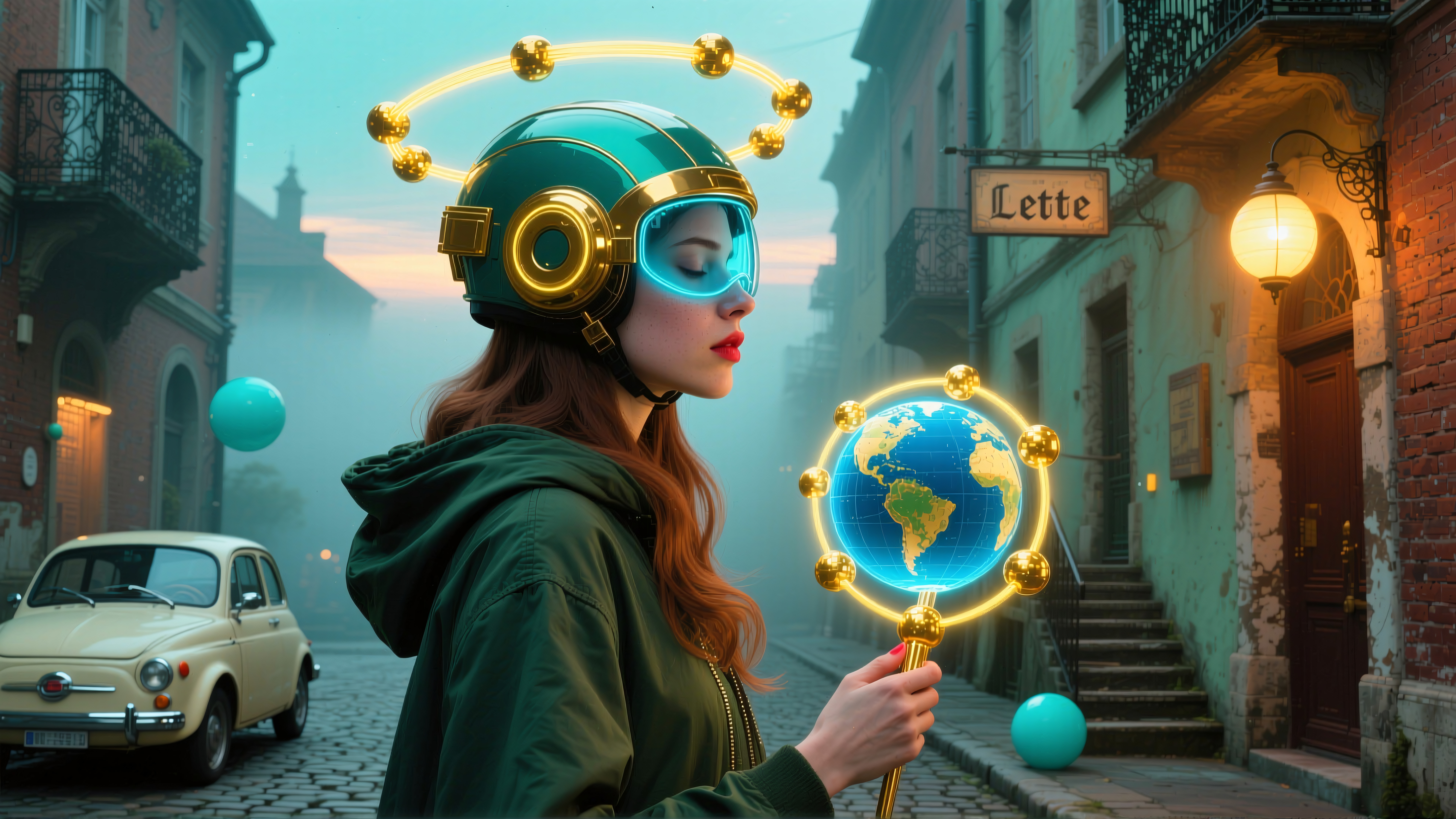 A woman in a futuristic helmet stands on a cobblestone street with an orb representing Earth.