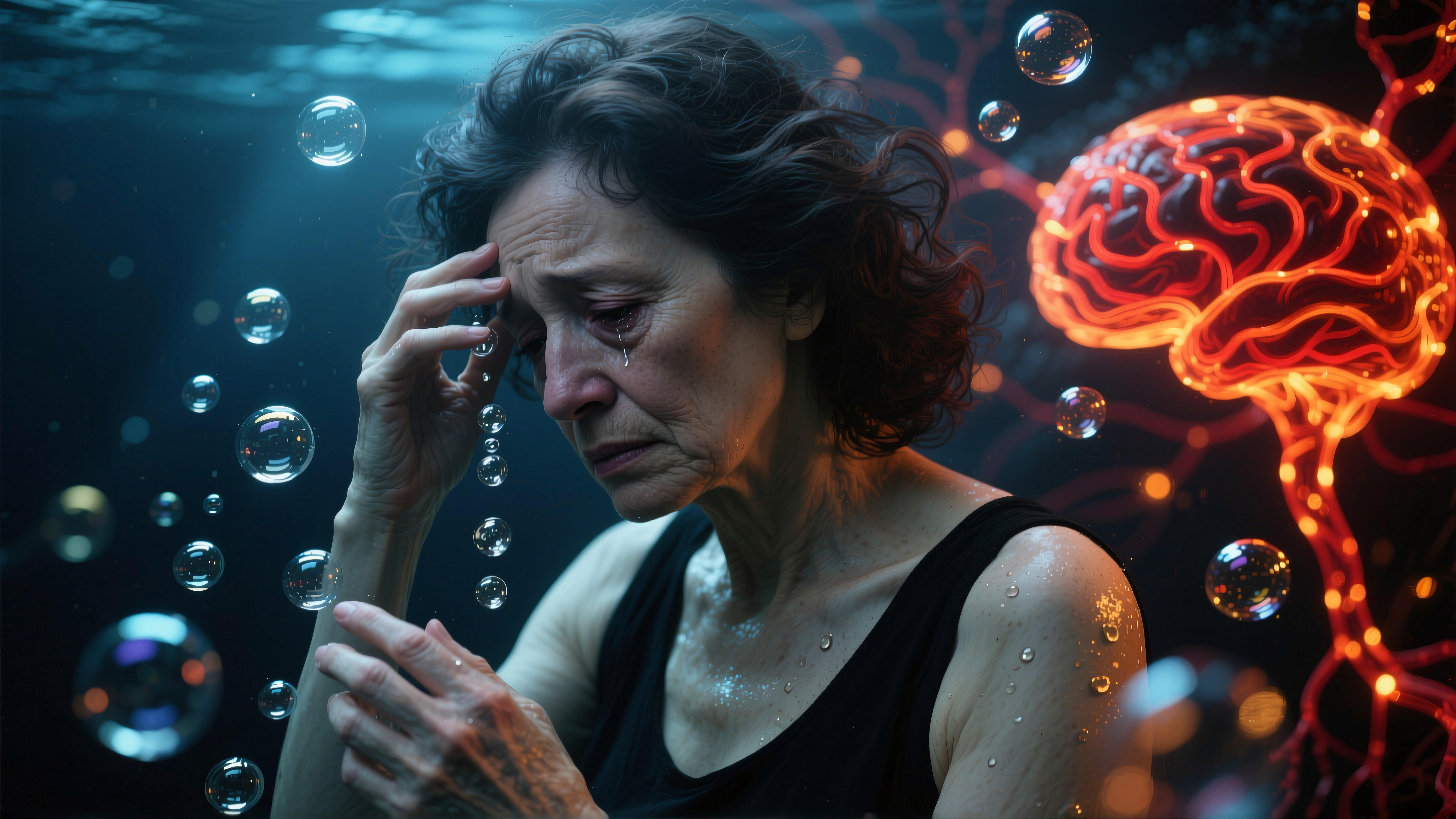 A woman underwater with bubbles, a glowing brain diagram symbolizes mental health challenges.