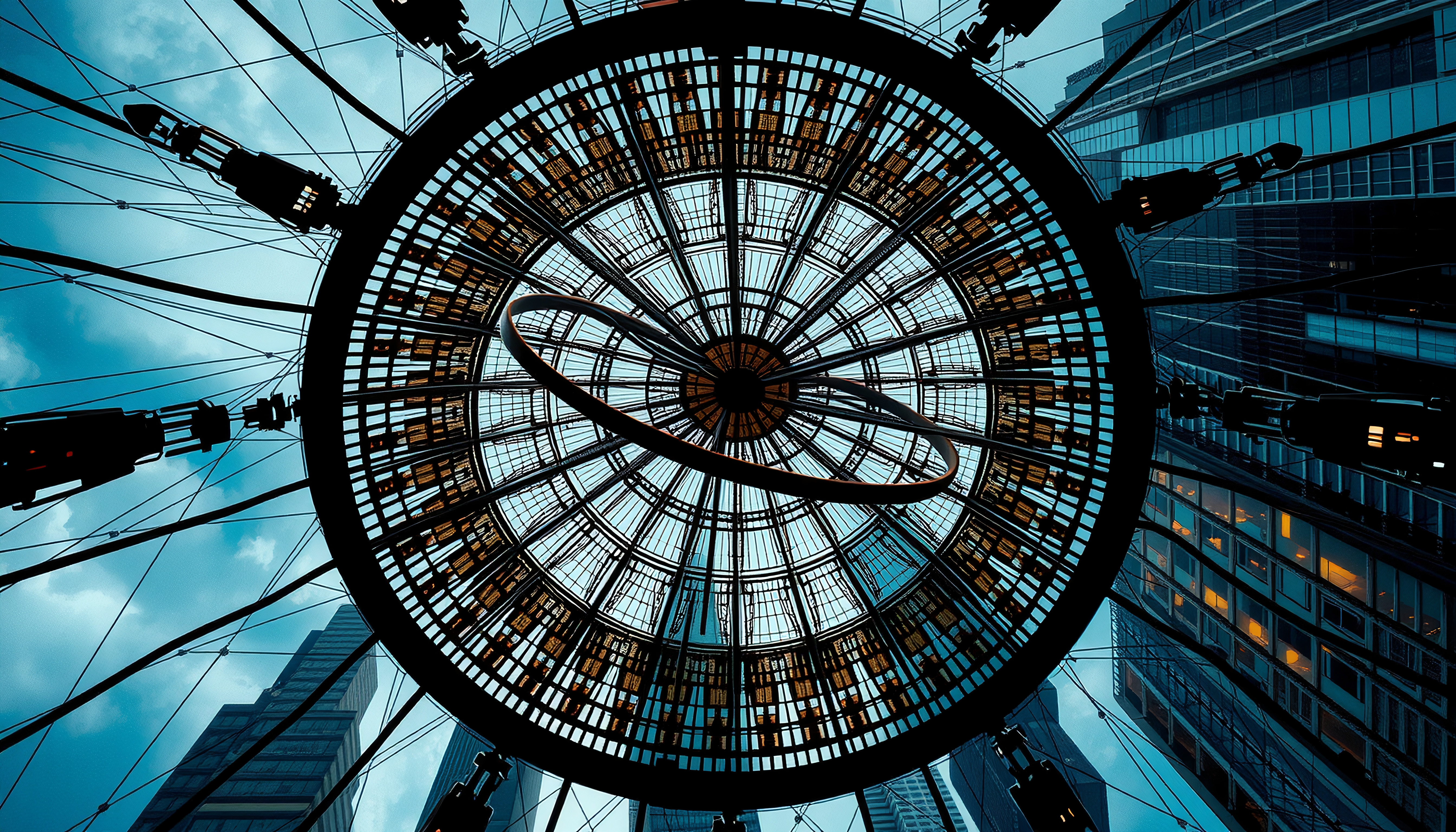 View from below a modern, geometric dome with surrounding skyscrapers under a blue sky.