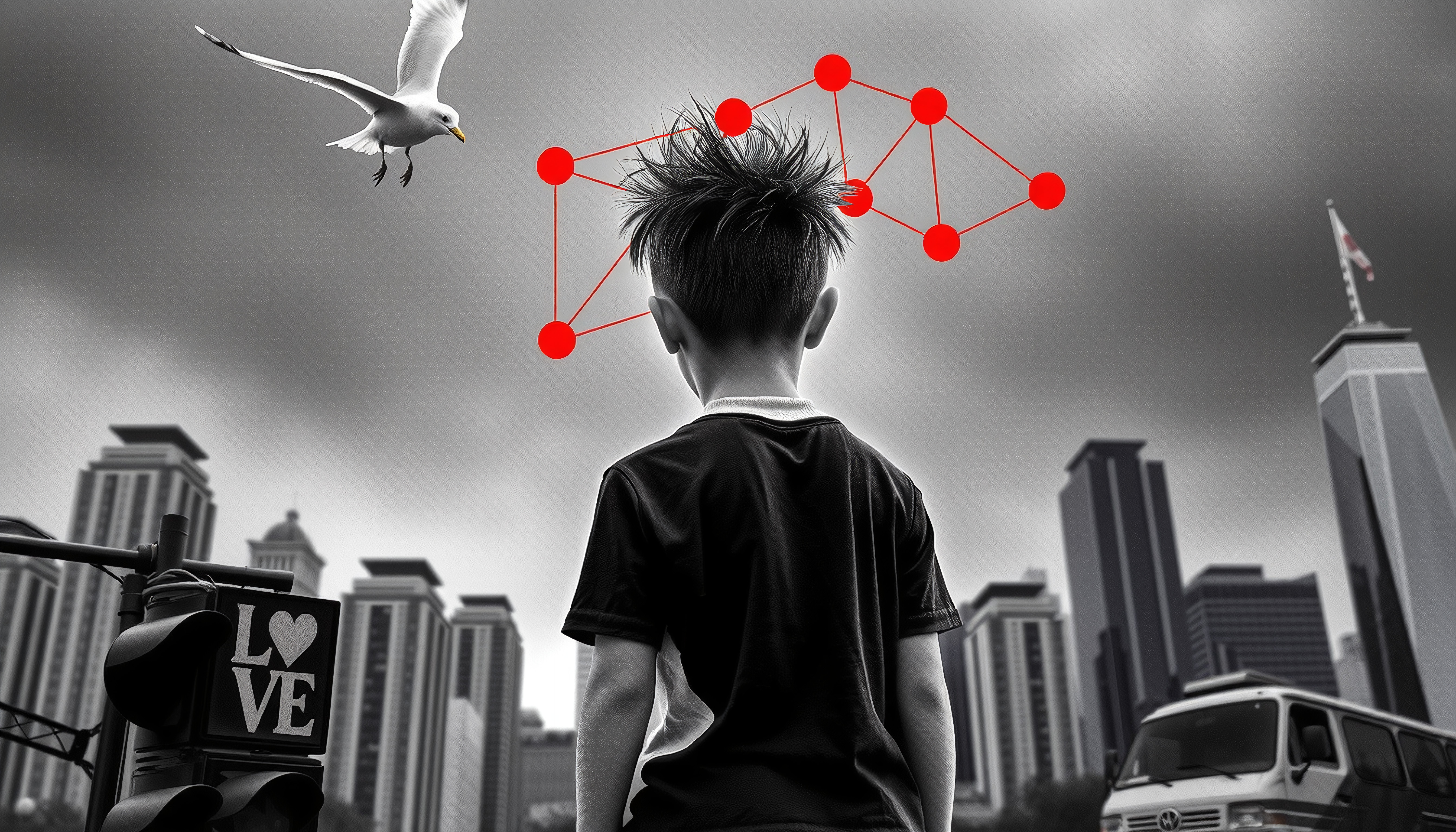 Urban Mind: Boy With Neural Network Overhead in Cityscape