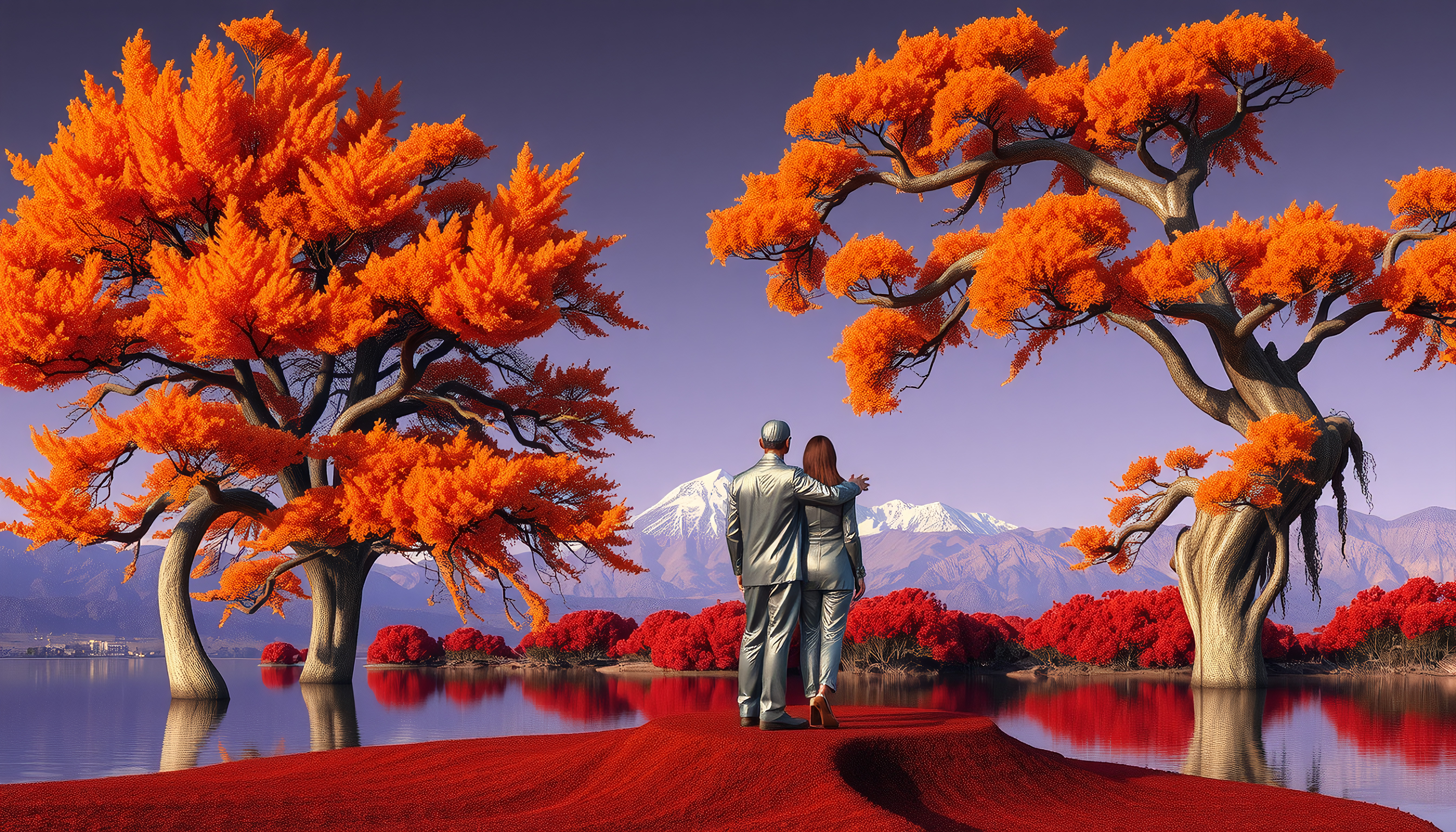Romantic couple admiring snowy mountains framed by glowing orange trees beside reflective lakeside path