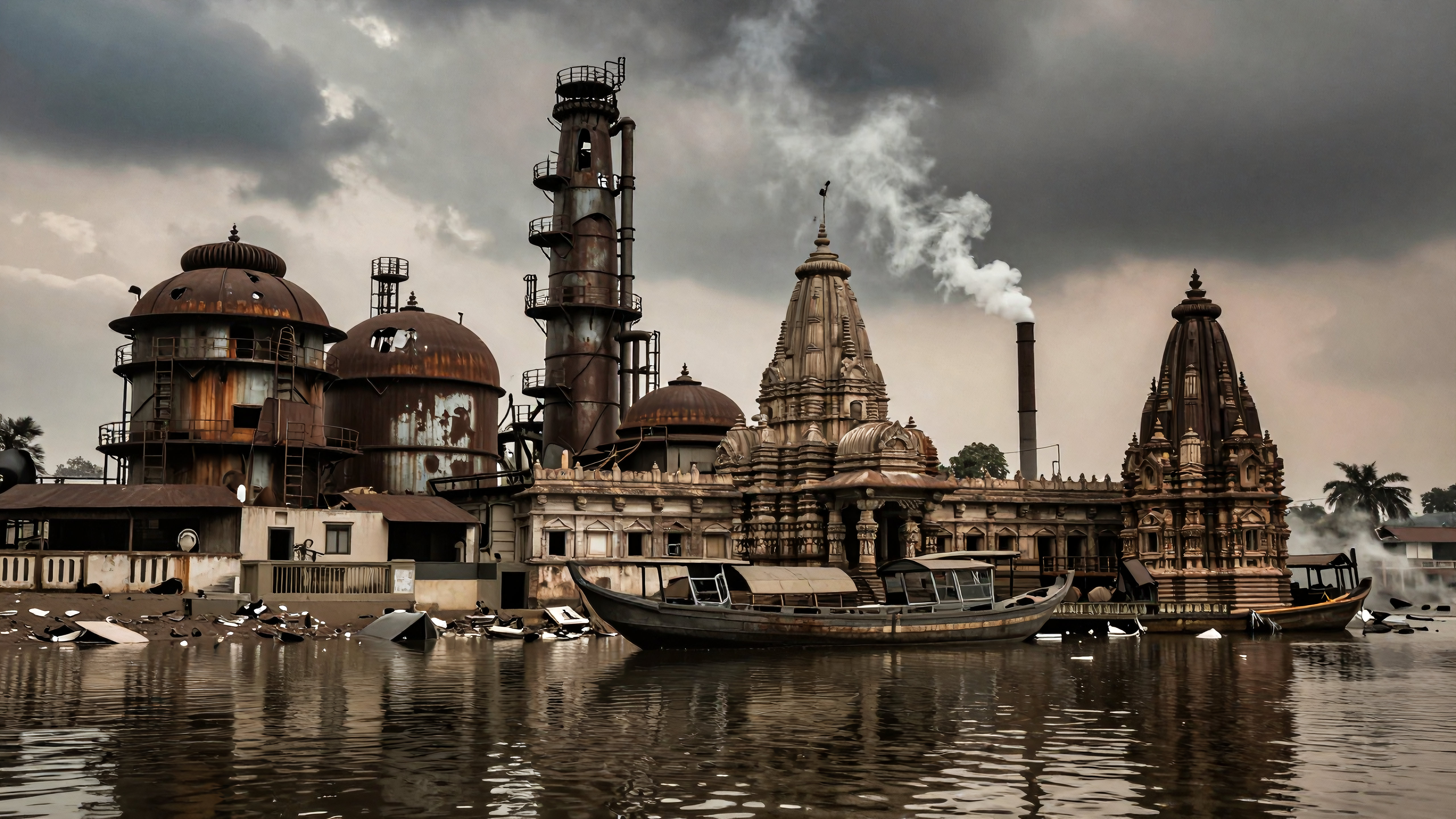 Ancient temples stand amidst rusty factories on a smoky riverbank reflecting despair and serenity