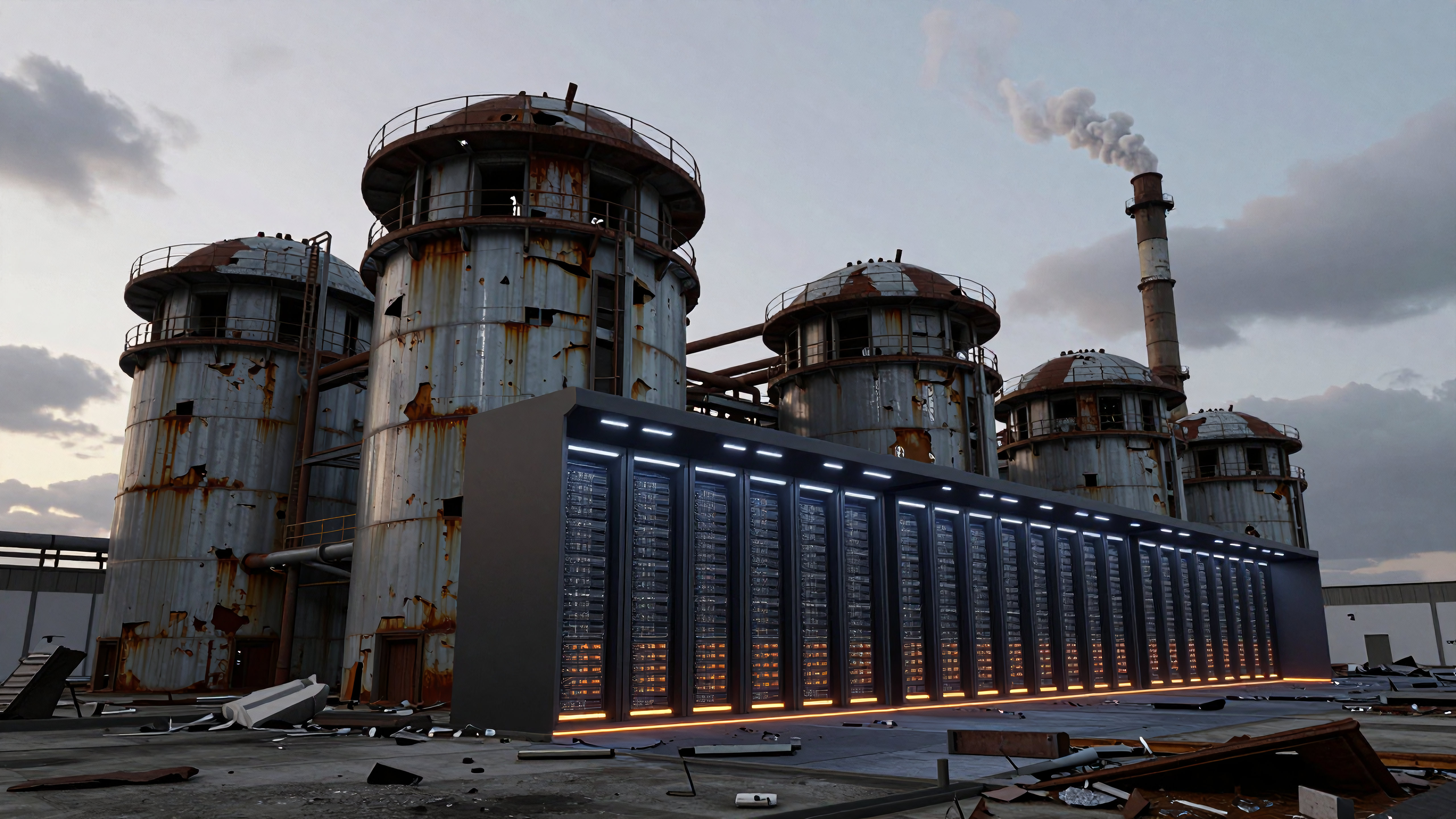 Futuristic server farm amidst decaying industrial complex