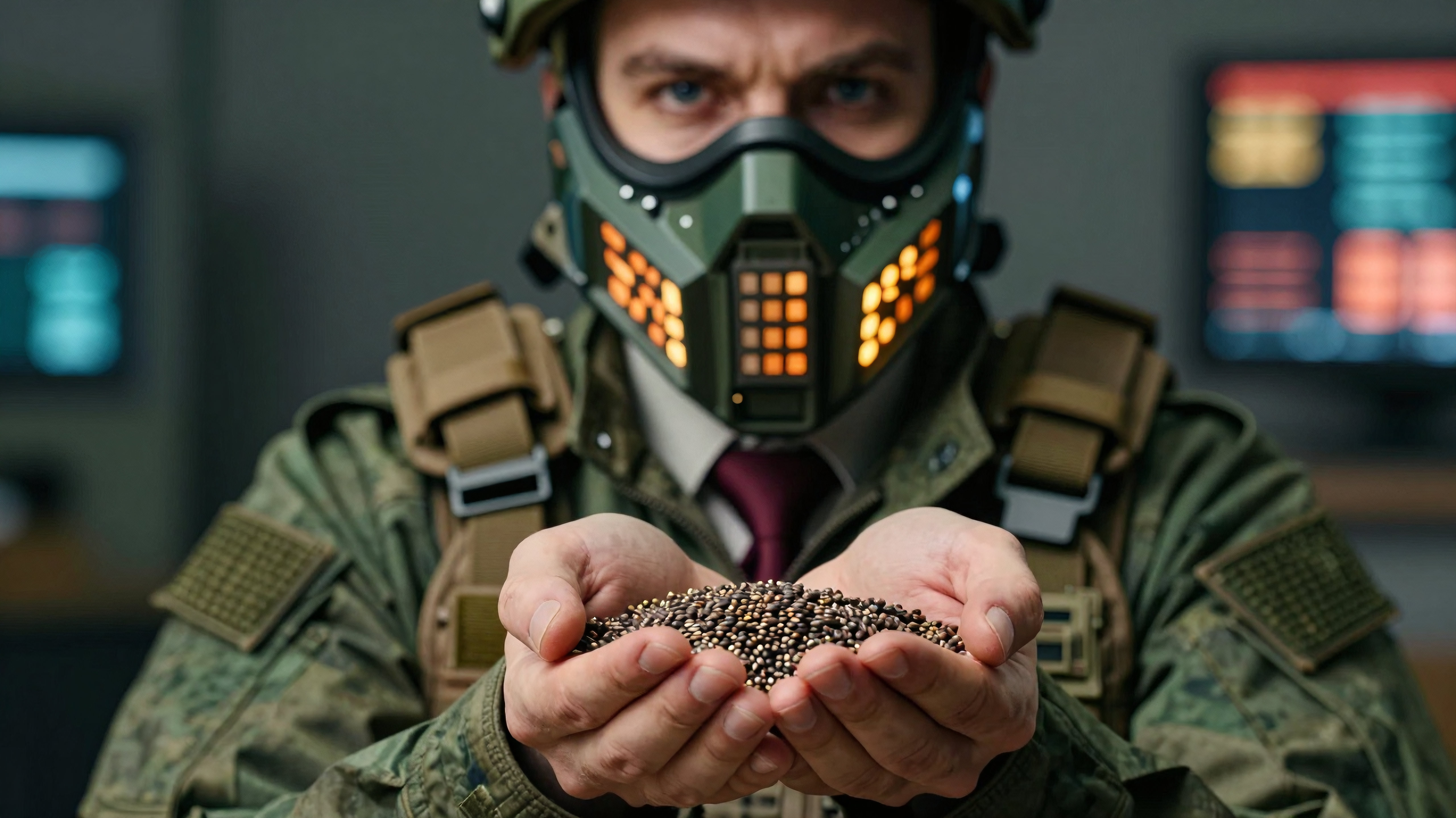 Soldier holds mysterious seeds in futuristic tech-filled bunker