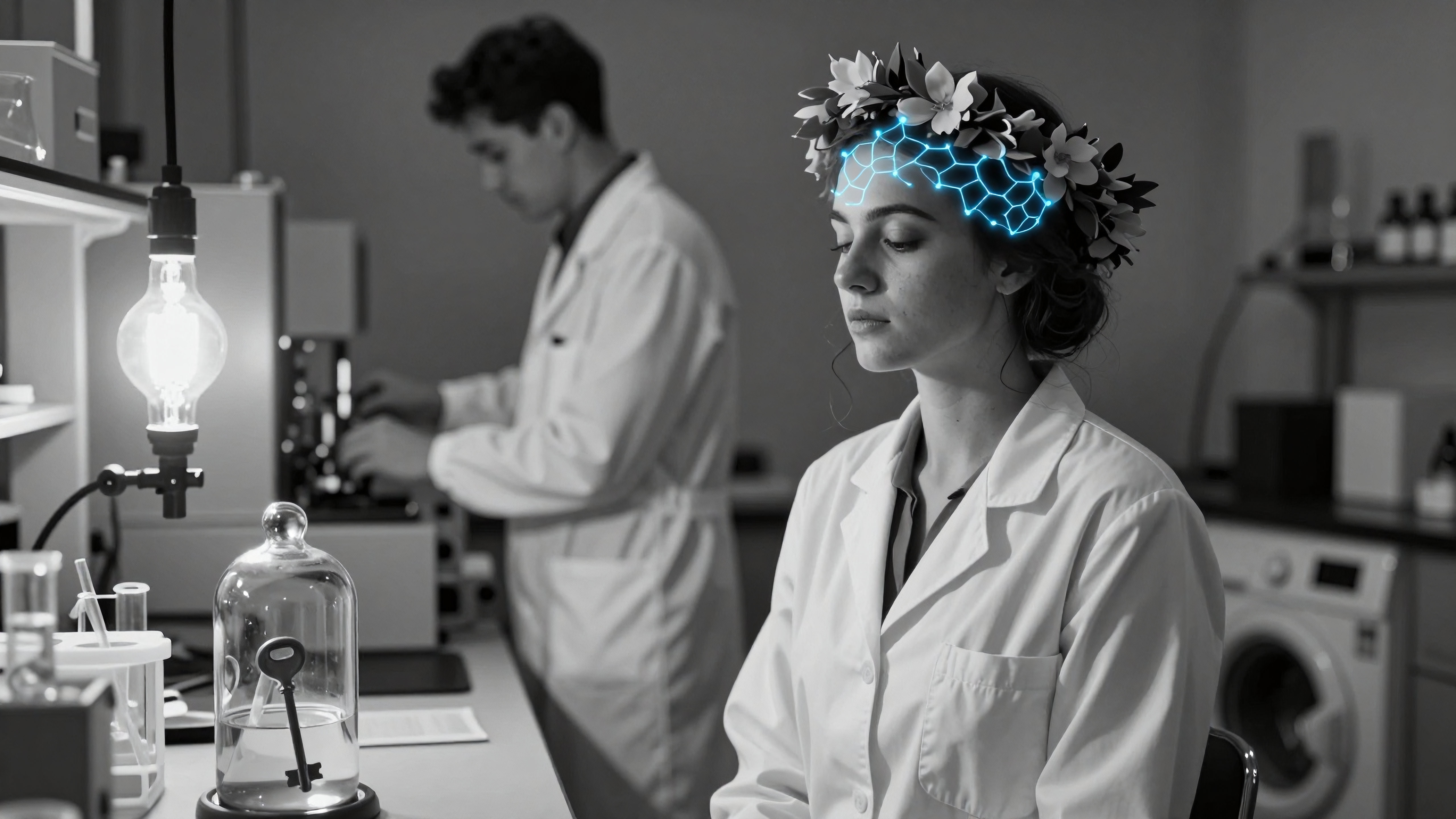 Scientist with glowing neural crown in futuristic lab exploring cognitive enhancements