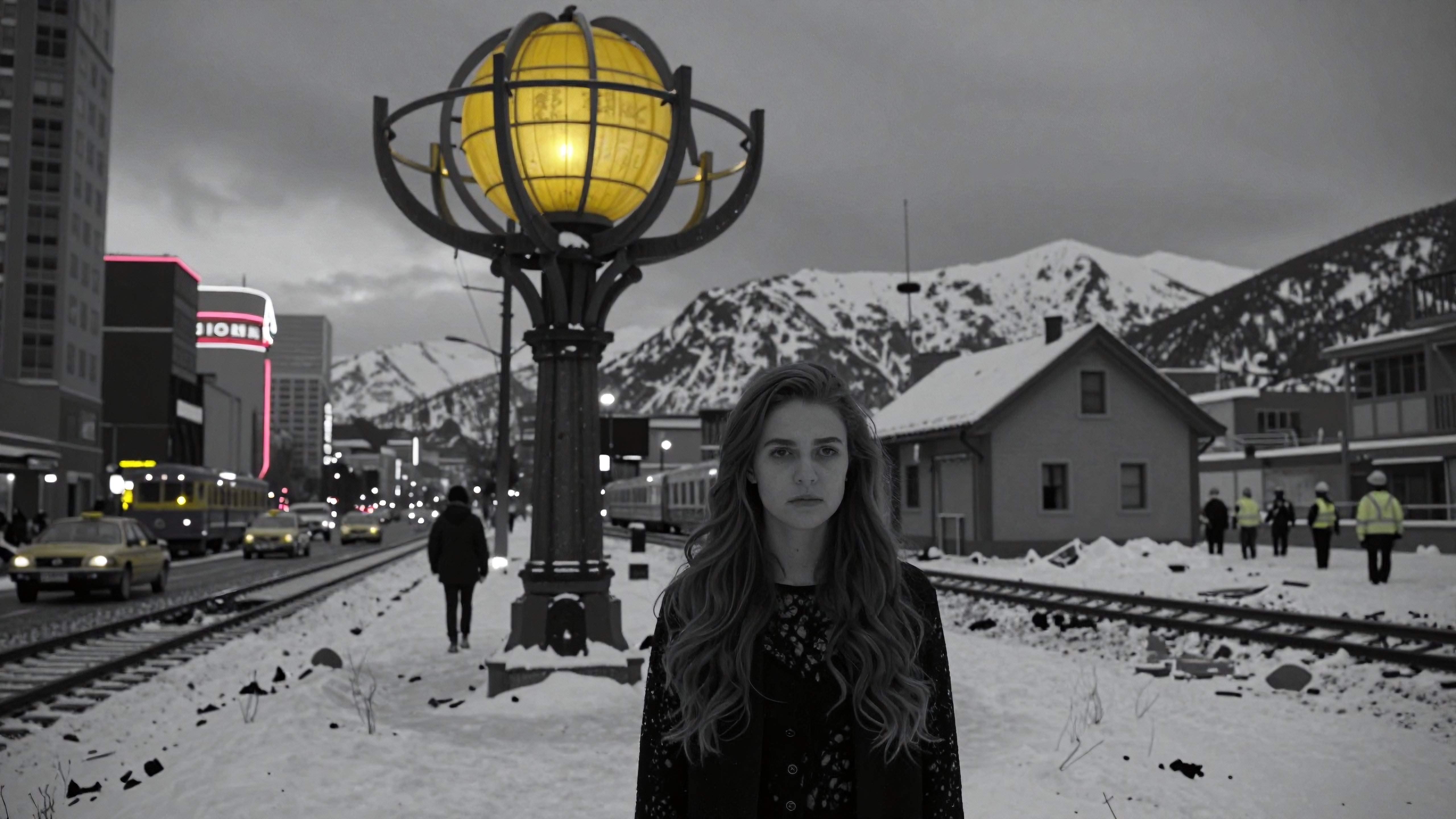 Woman standing alone under glowing streetlamp in snowy urban rail station during twilight