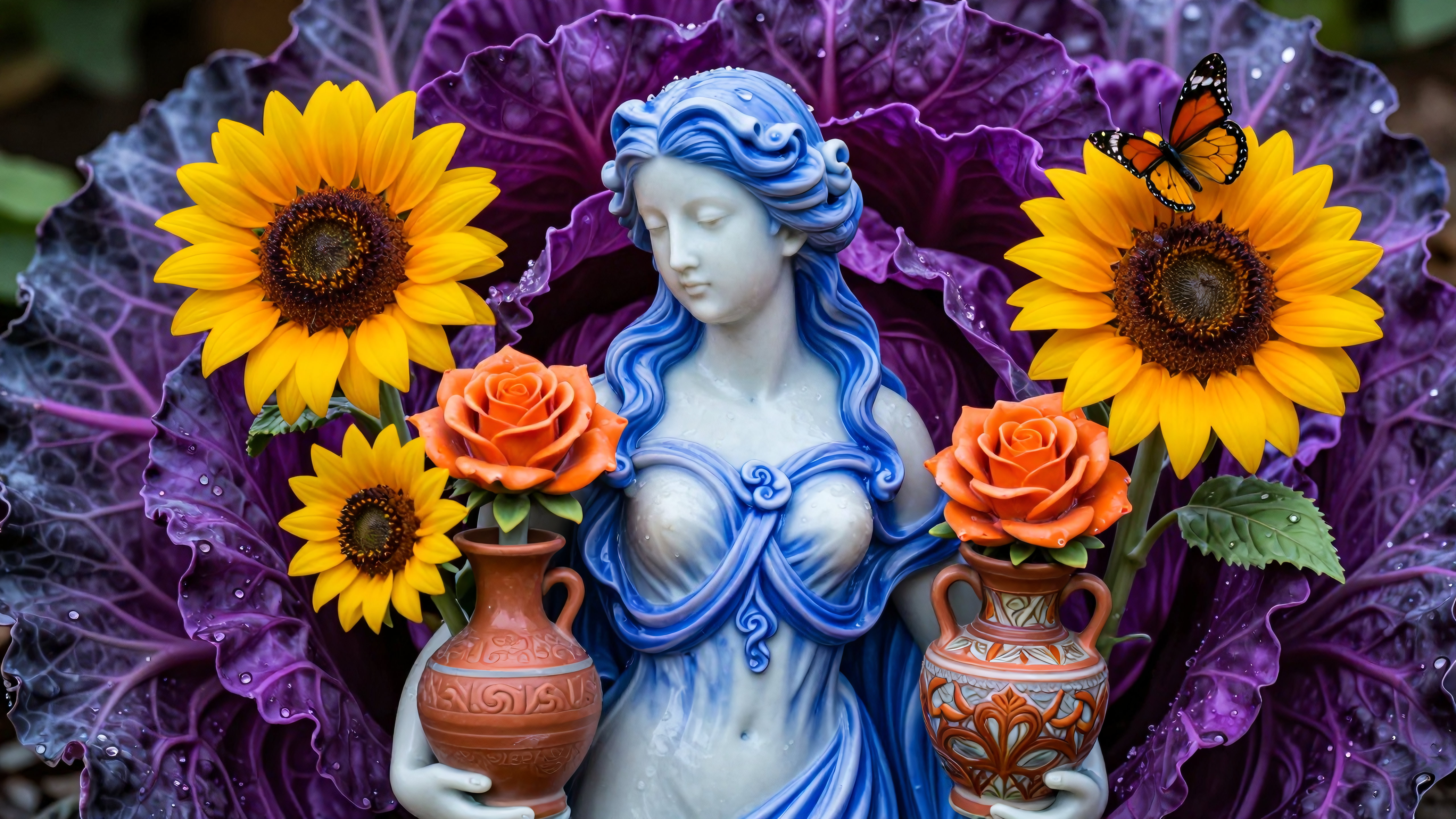 Blue haired goddess statue surrounded by sunflowers and roses with butterflies resting nearby