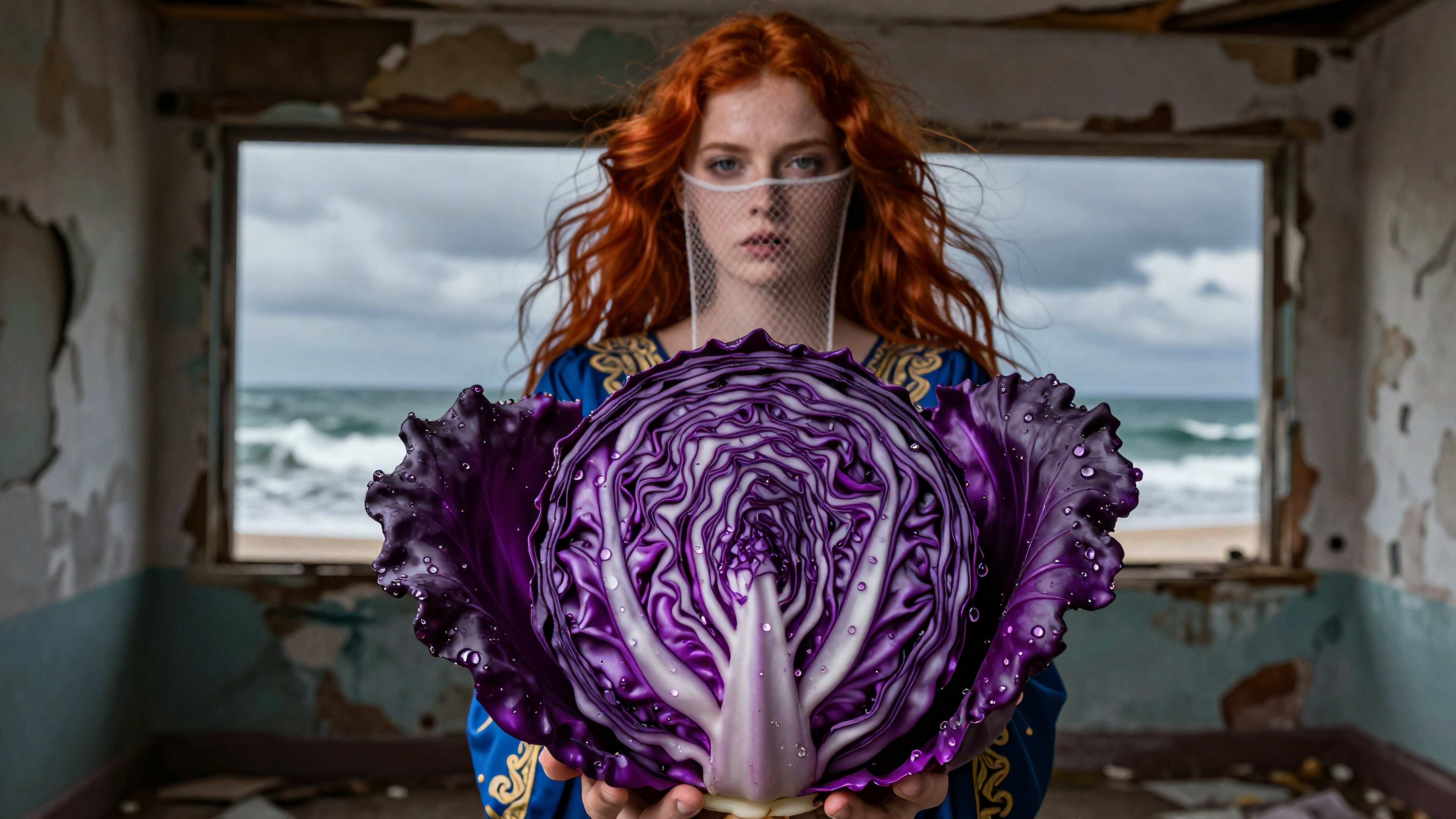 Woman with red hair holding giant purple cabbage inside ruined seaside building