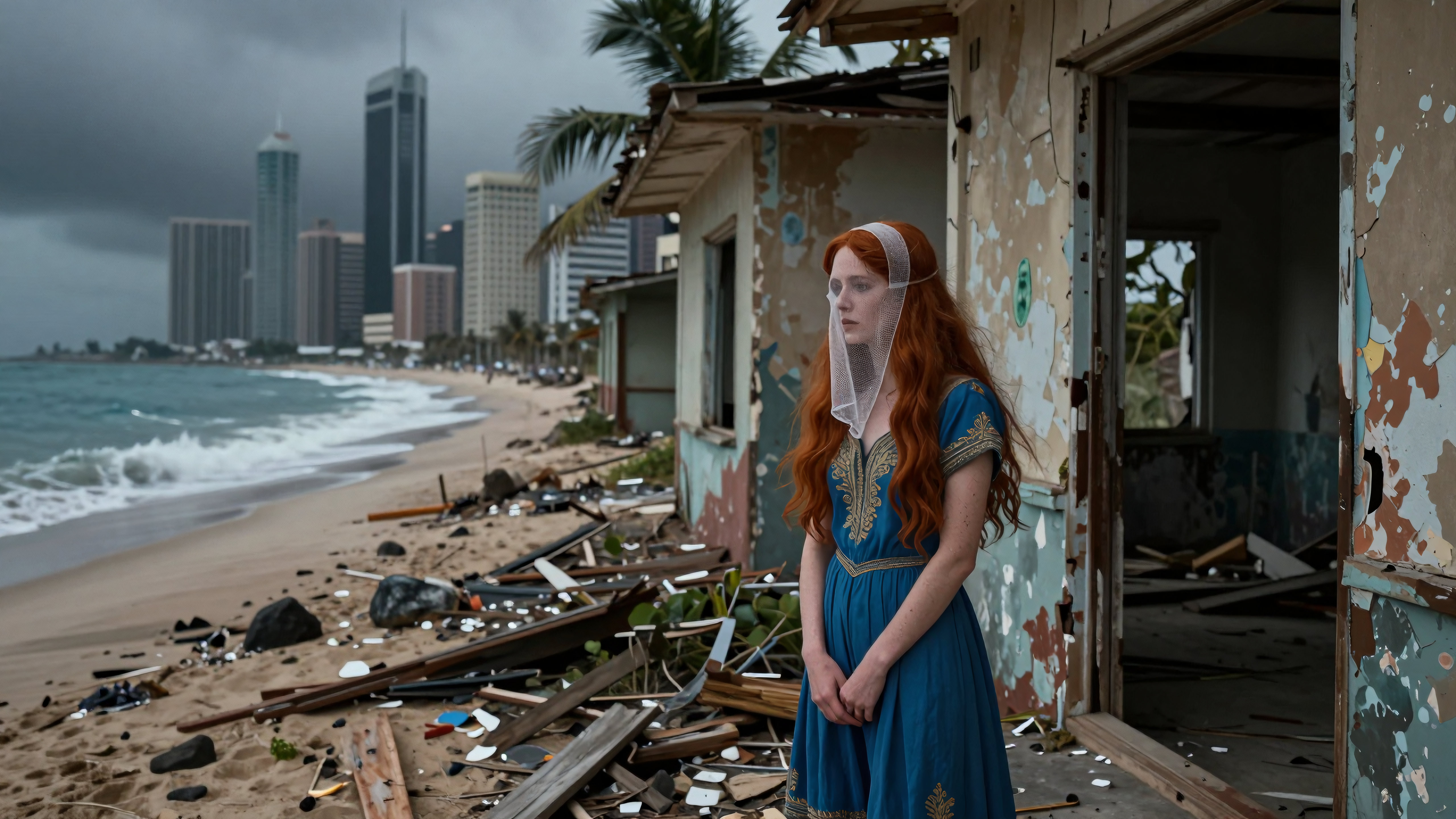 Woman standing alone near ruined beach cottage after natural disaster with dramatic cloudy skies and distant city buildings