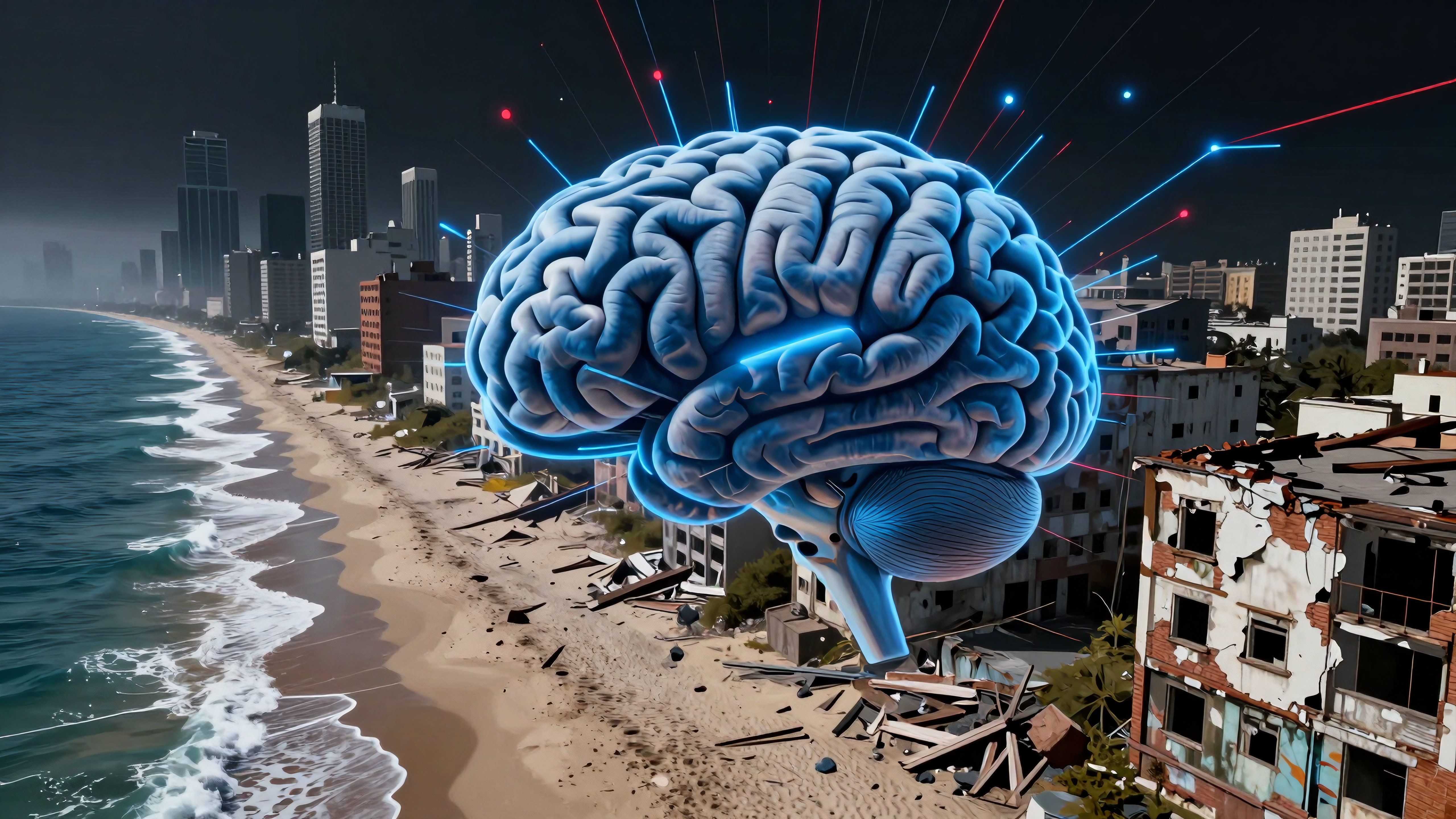 Giant glowing brain hovering over ruined seaside city with lasers connecting to skyscrapers