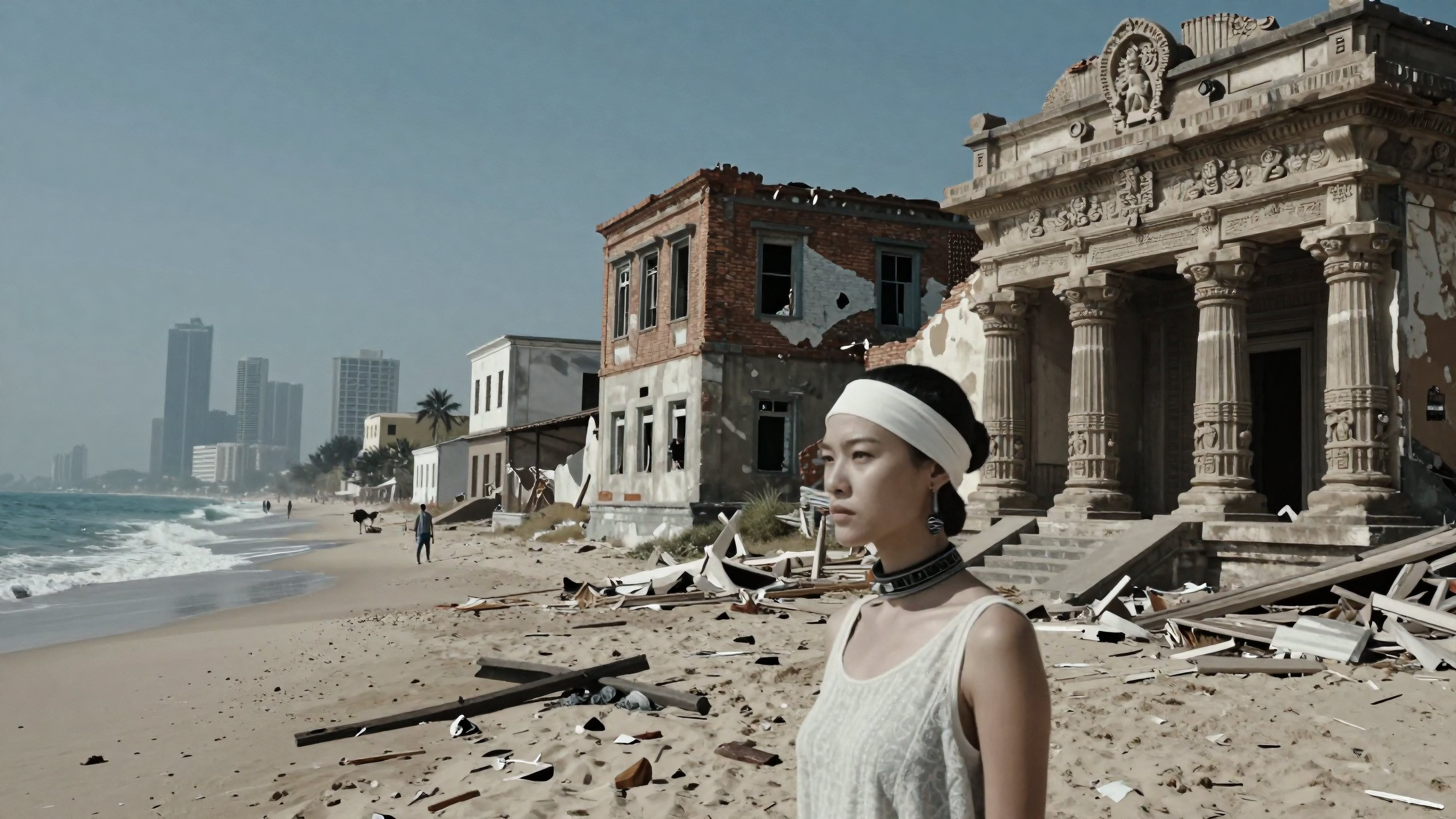 Woman standing amidst ruined beachside buildings overlooking ocean and distant skyline