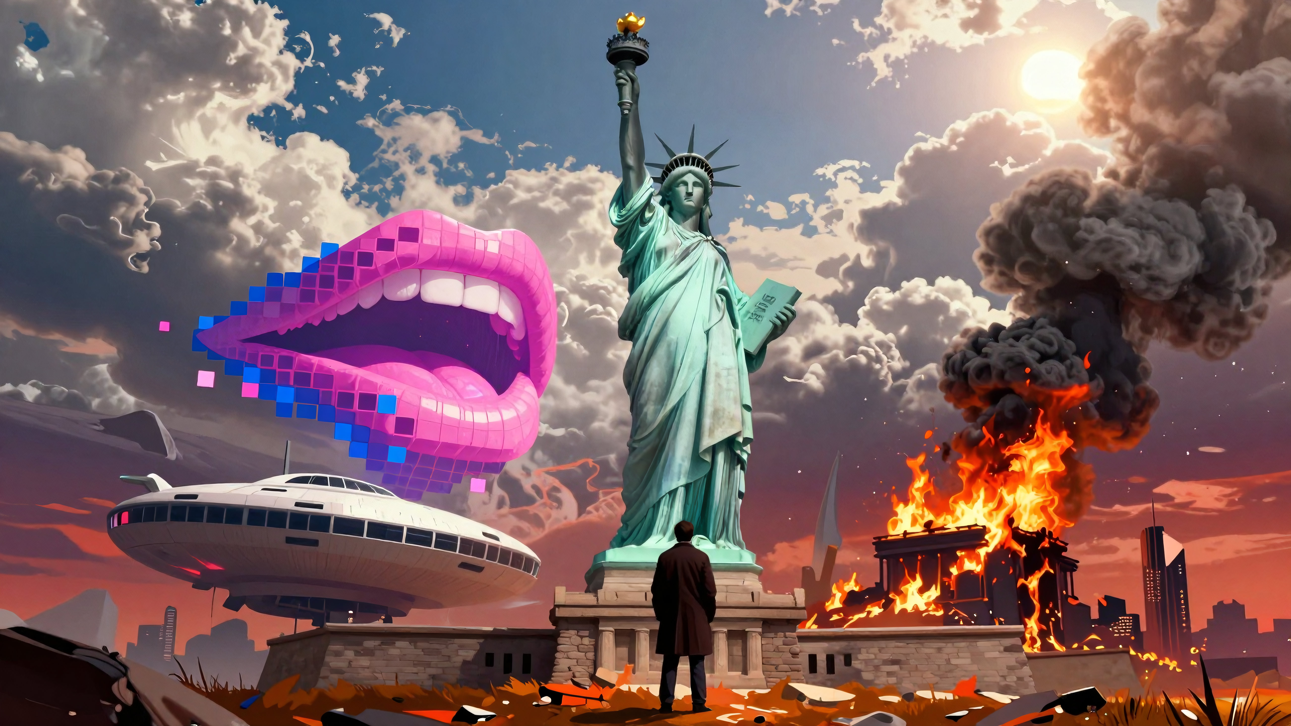 Dystopian artwork featuring Statue of Liberty surrounded by flaming ruins, flying saucer, giant pixelated lips, and solitary observer under dramatic skies.