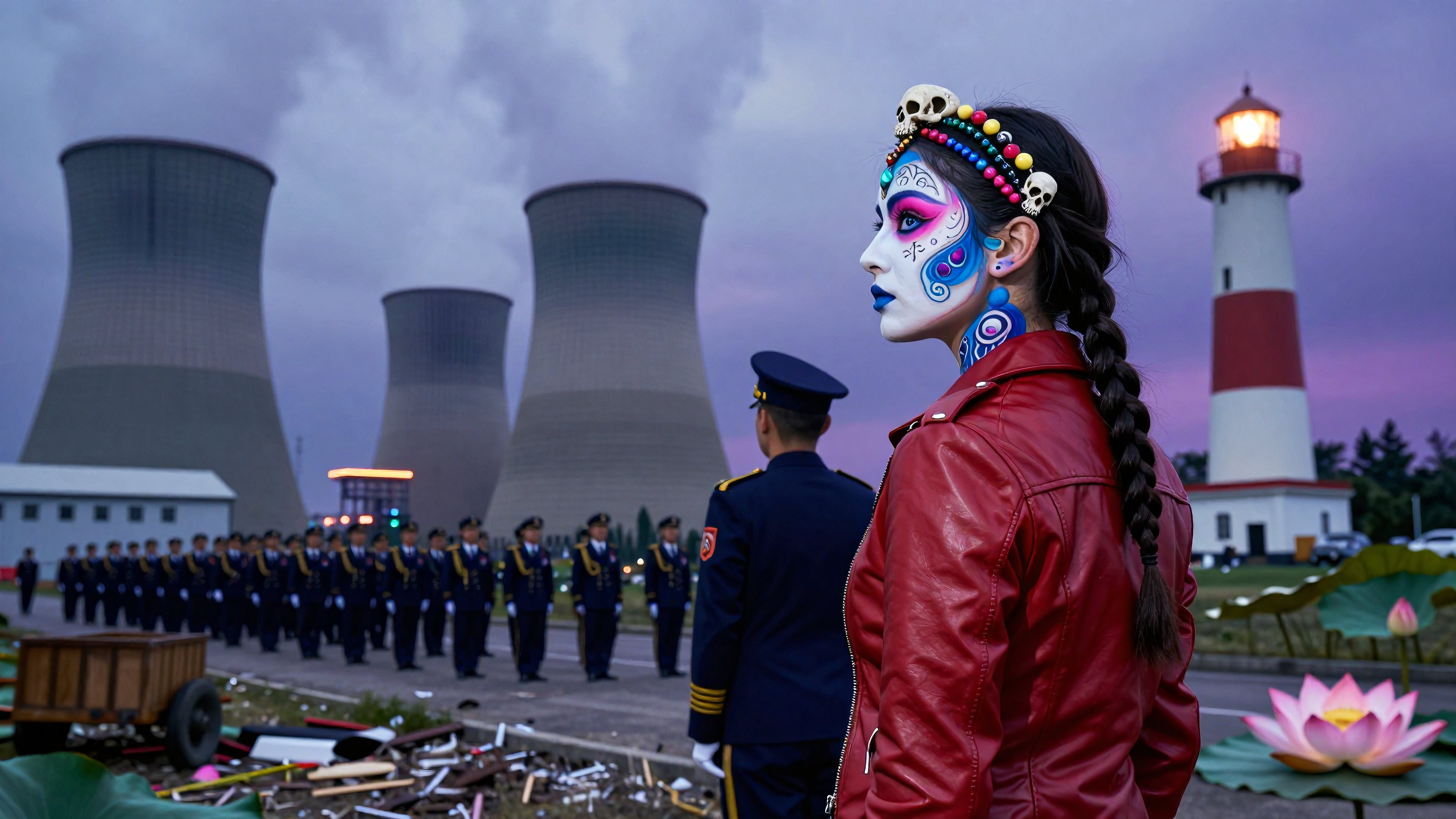 Woman with skull-themed makeup standing before cooling towers and lighthouse during twilight, wearing red leather jacket