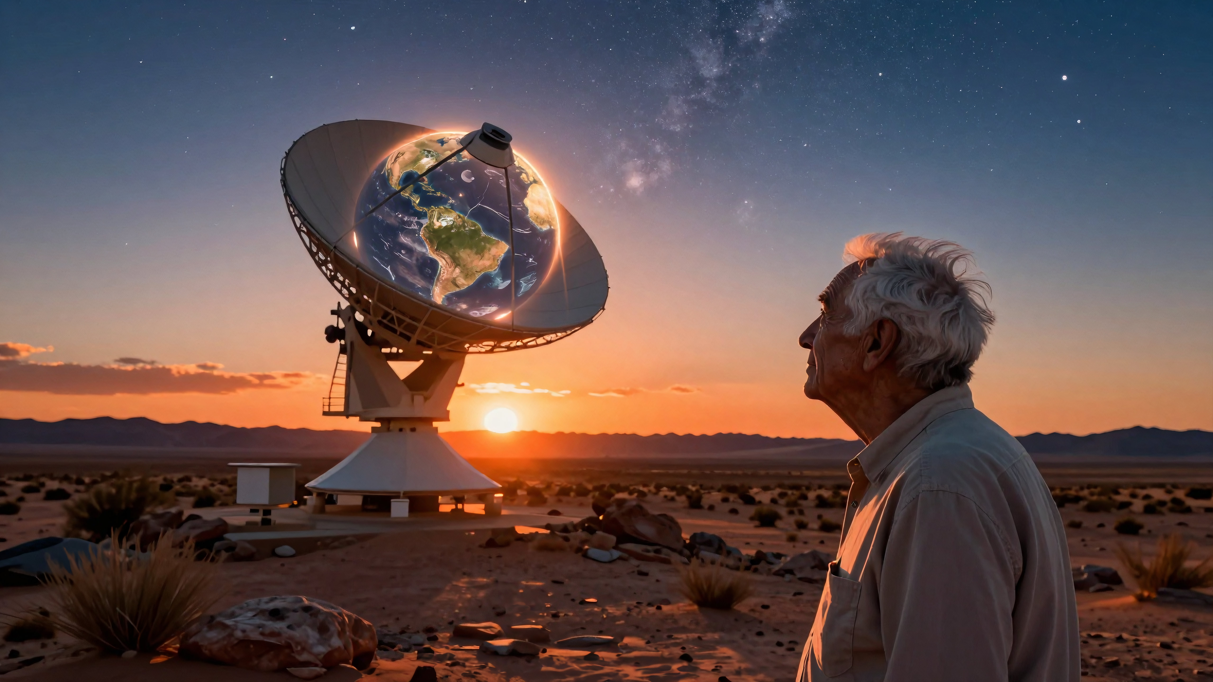 Elderly astronomer observes holographic Earth rising from satellite dish against starlit desert sunset.