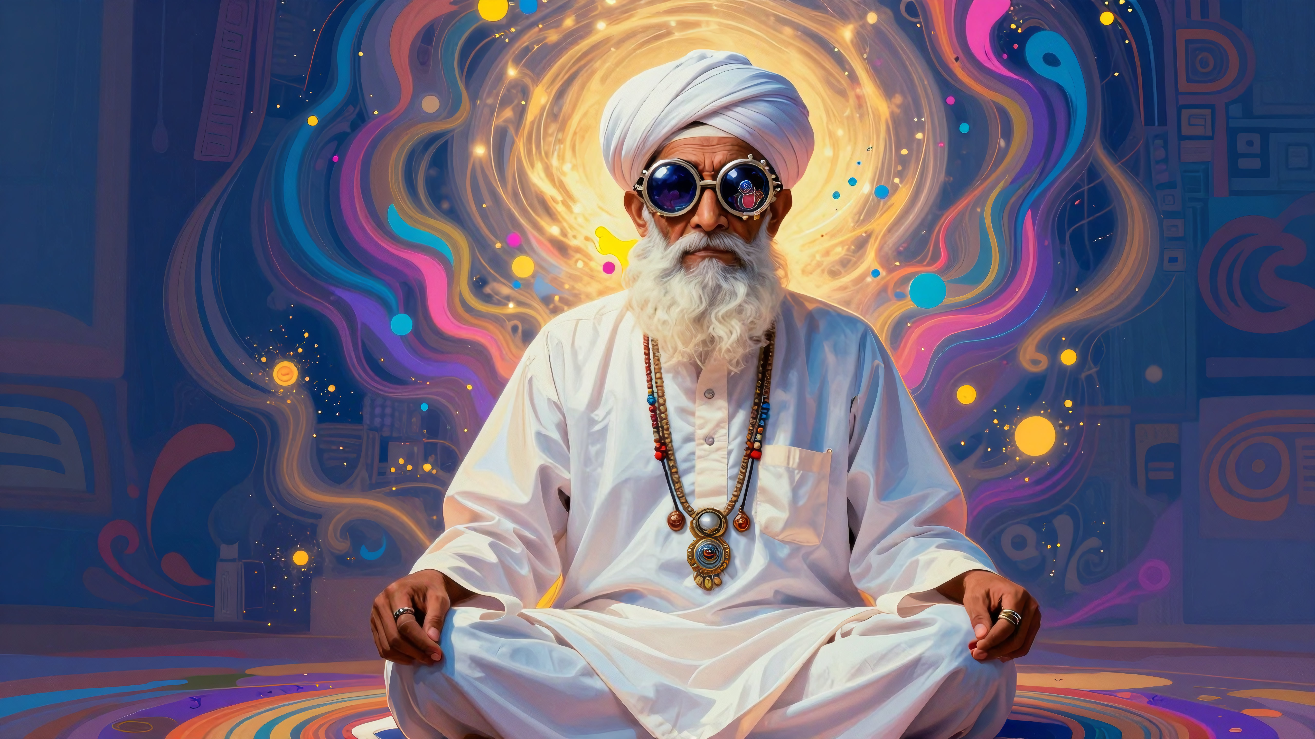 Elderly yogi monk meditating under swirling cosmic colors wearing stylish sunglasses and bead necklace
