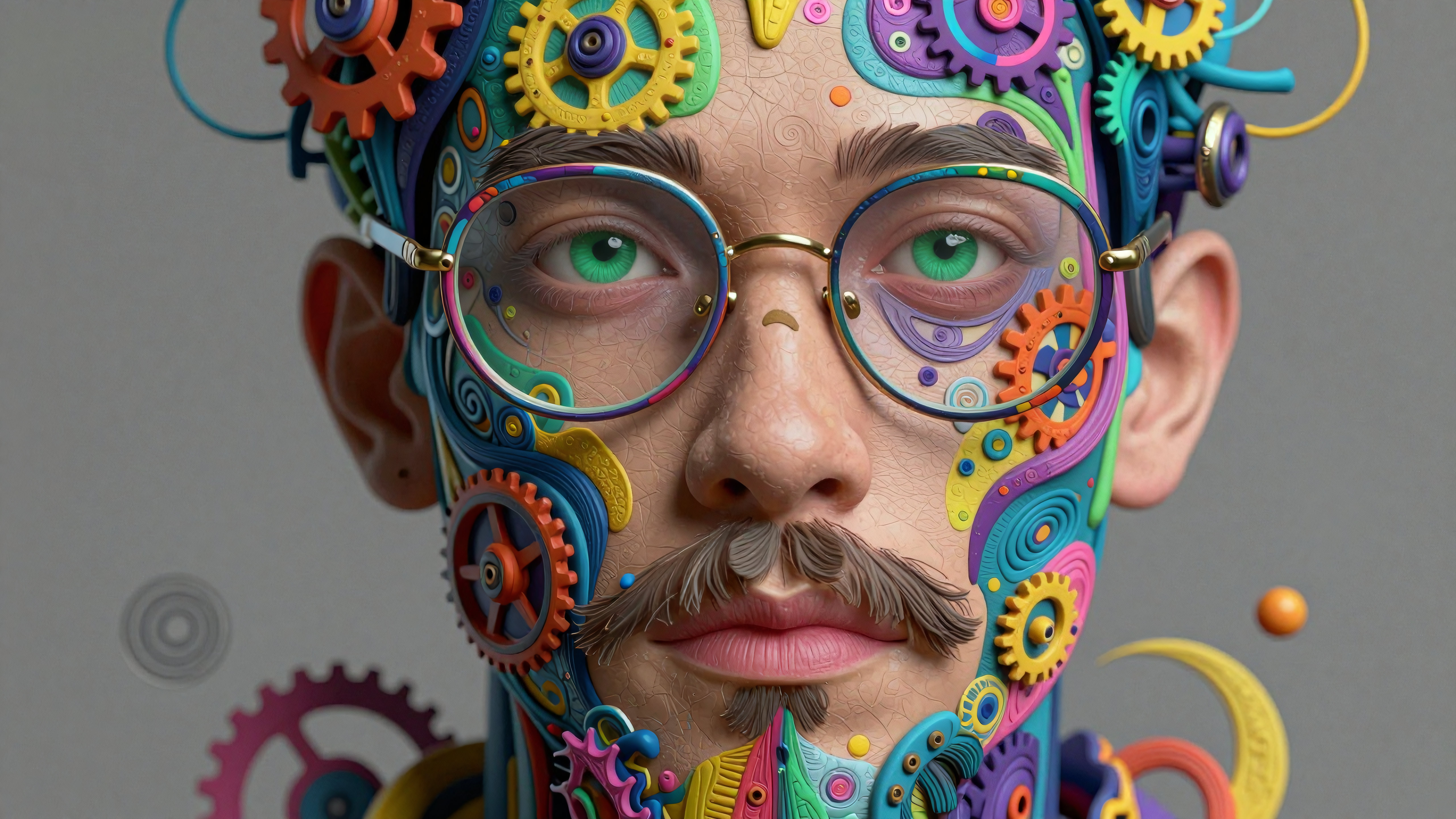 Surreal portrait of man fused with colorful mechanical gears and artistic swirls representing advanced technology and creative thought