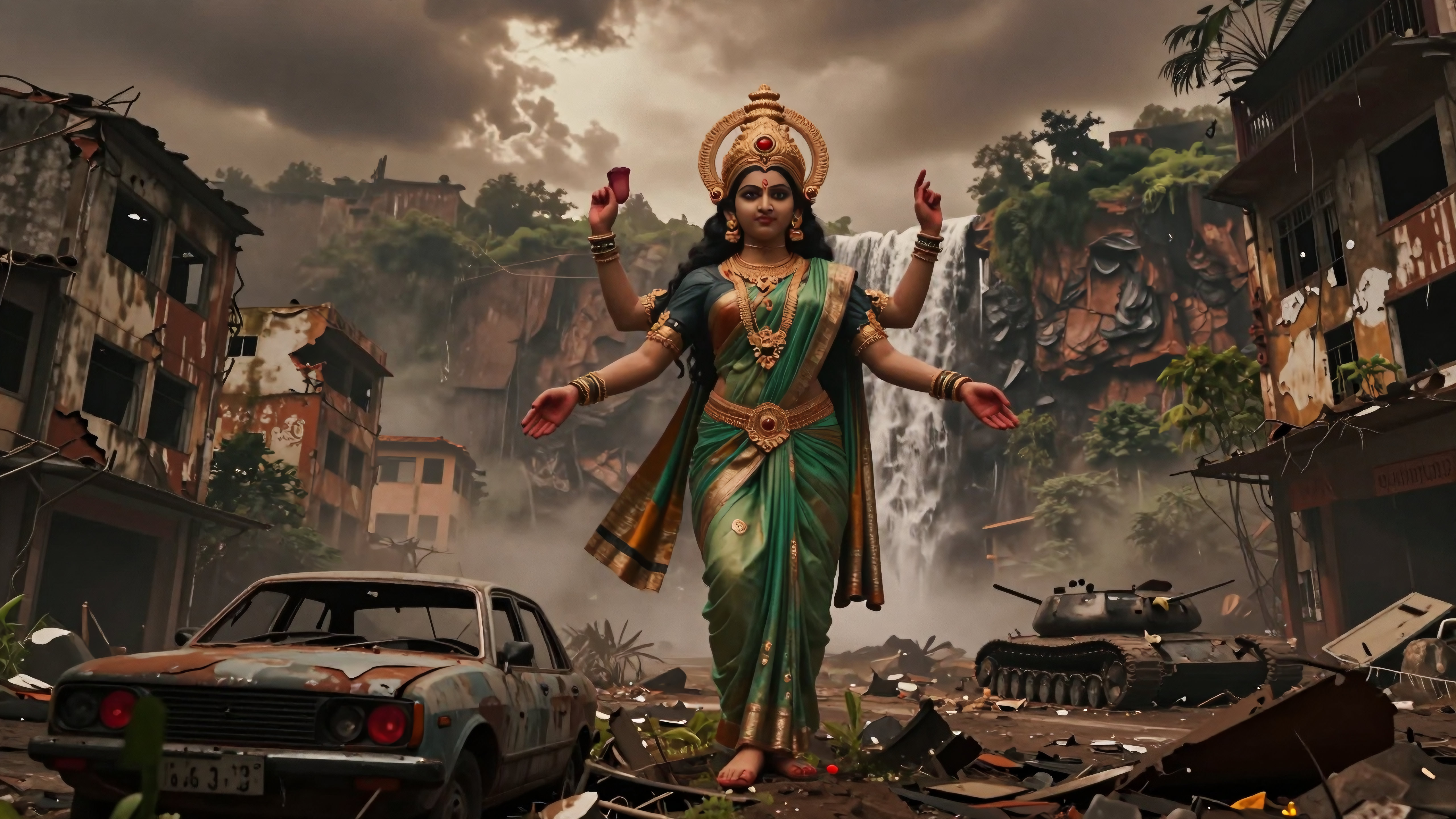 Divine goddess standing among ruined cities and fallen vehicles with waterfall behind