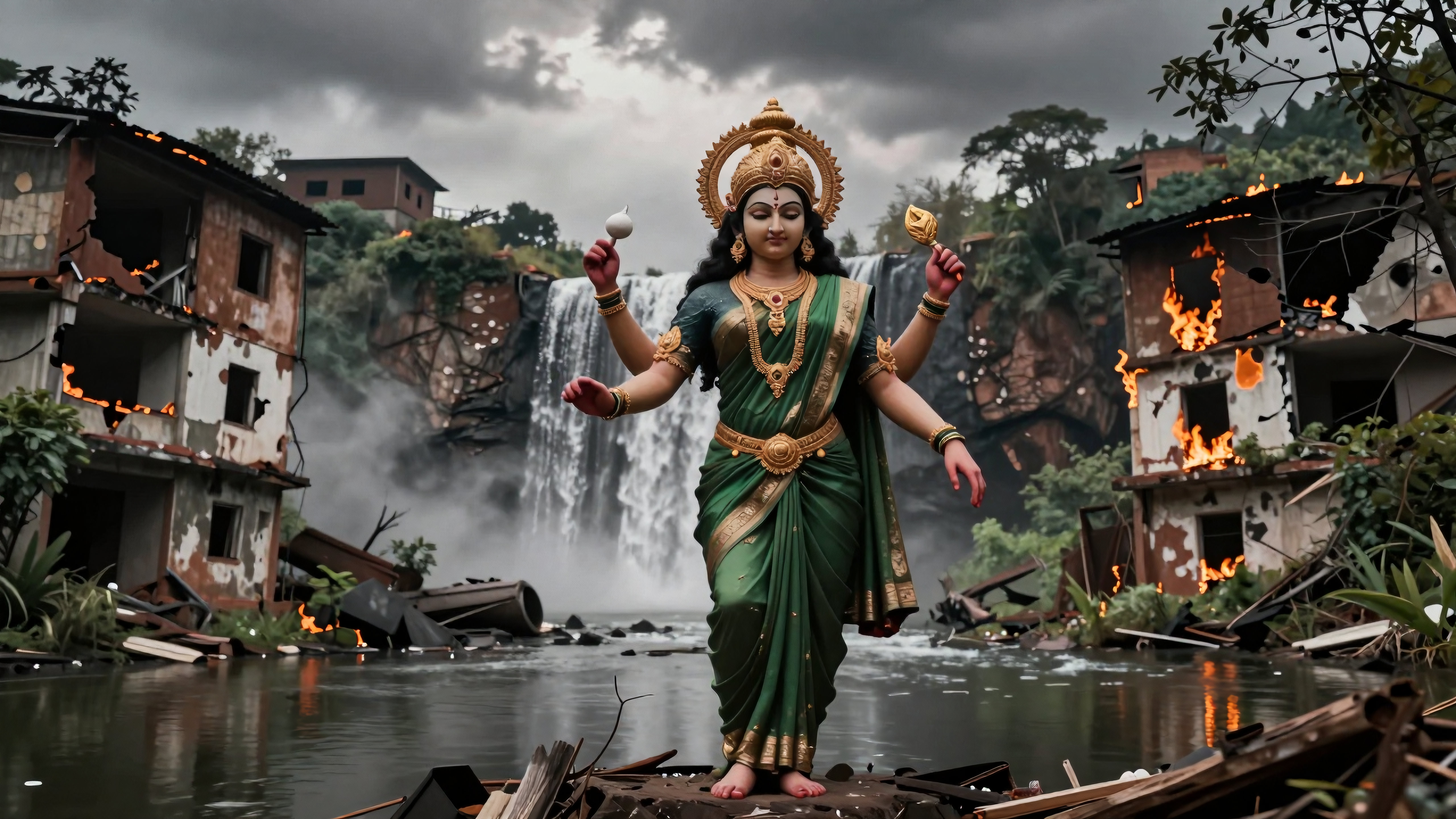 Divine goddess standing calmly among burning ruins beside a roaring waterfall