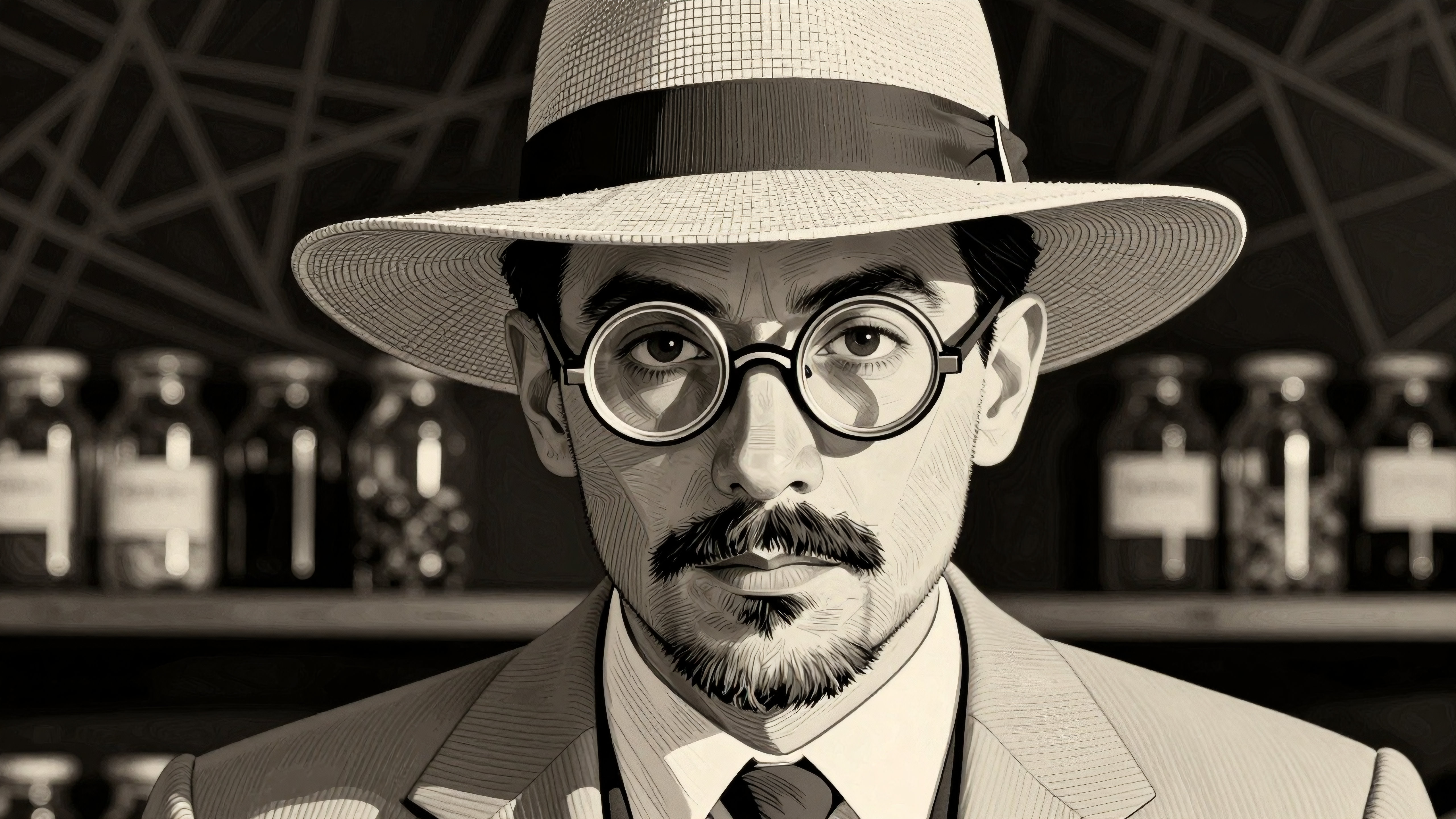 Vintage detective wearing glasses and hat standing behind lab shelves