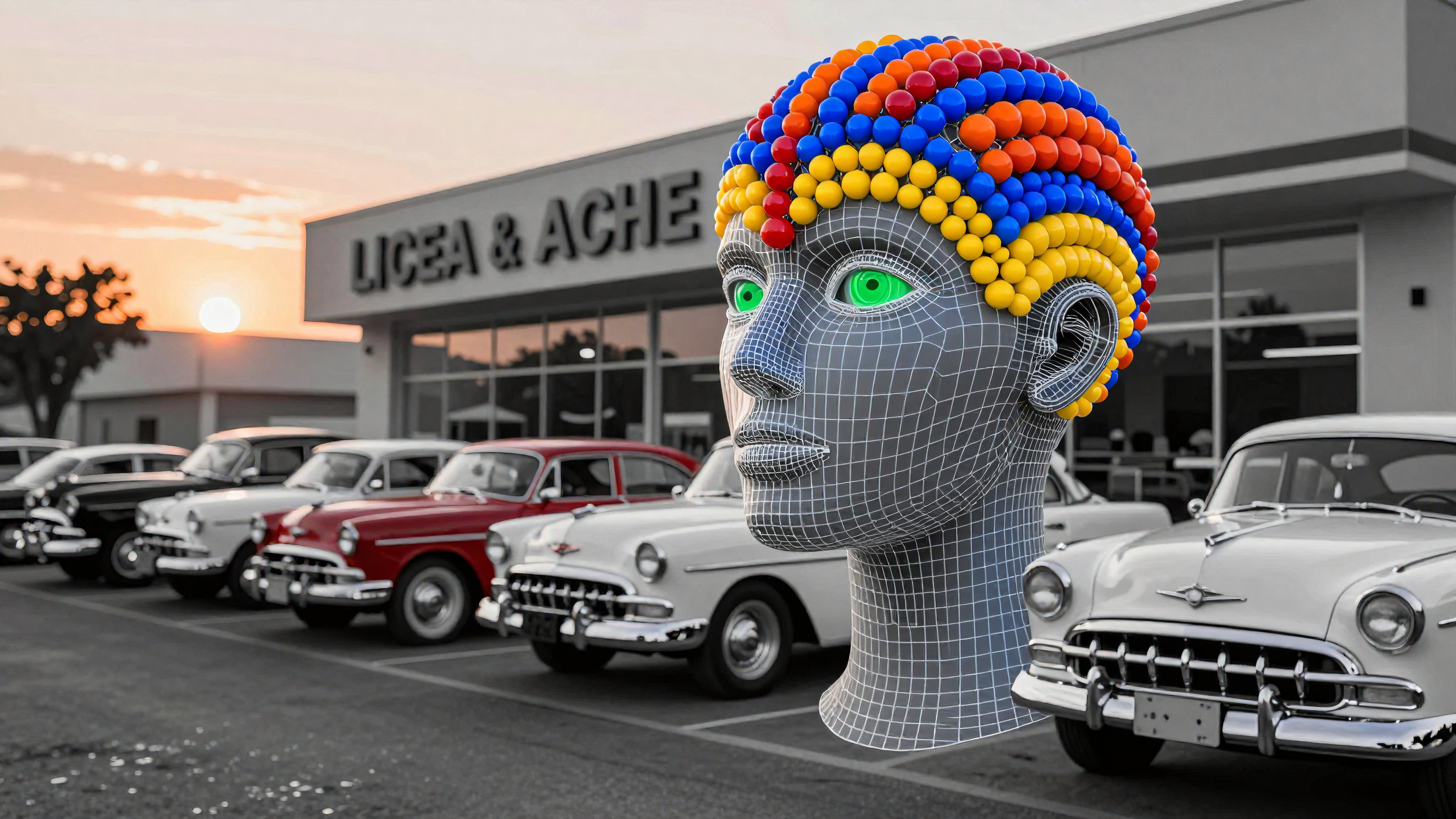 Giant wireframe head with colored balls on top standing among classic cars near "Licea & Ache" store during sunset