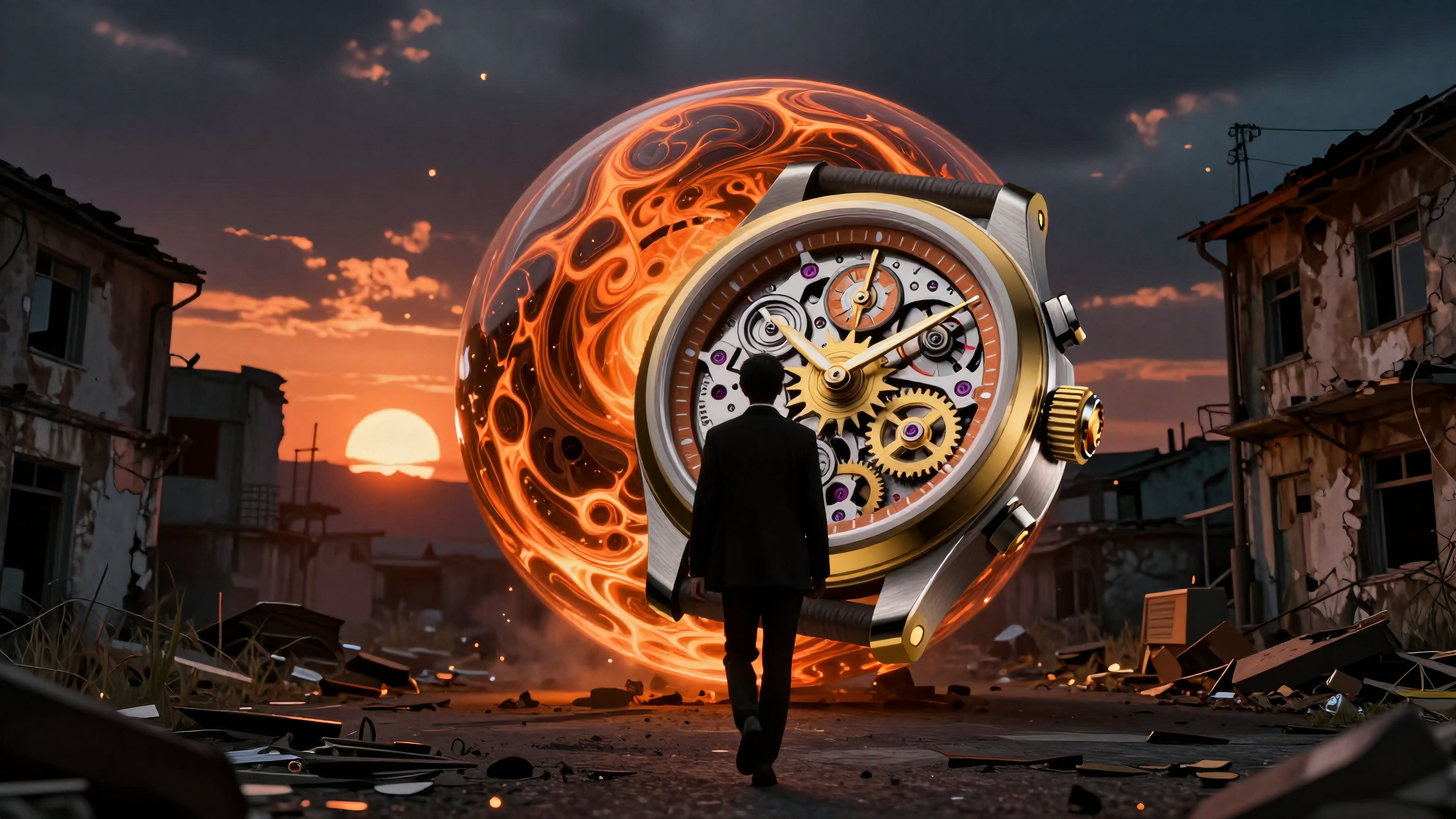 Man walking towards giant glowing futuristic pocket watch amidst ruined post-apocalyptic cityscape during golden hour sunrise sunset
