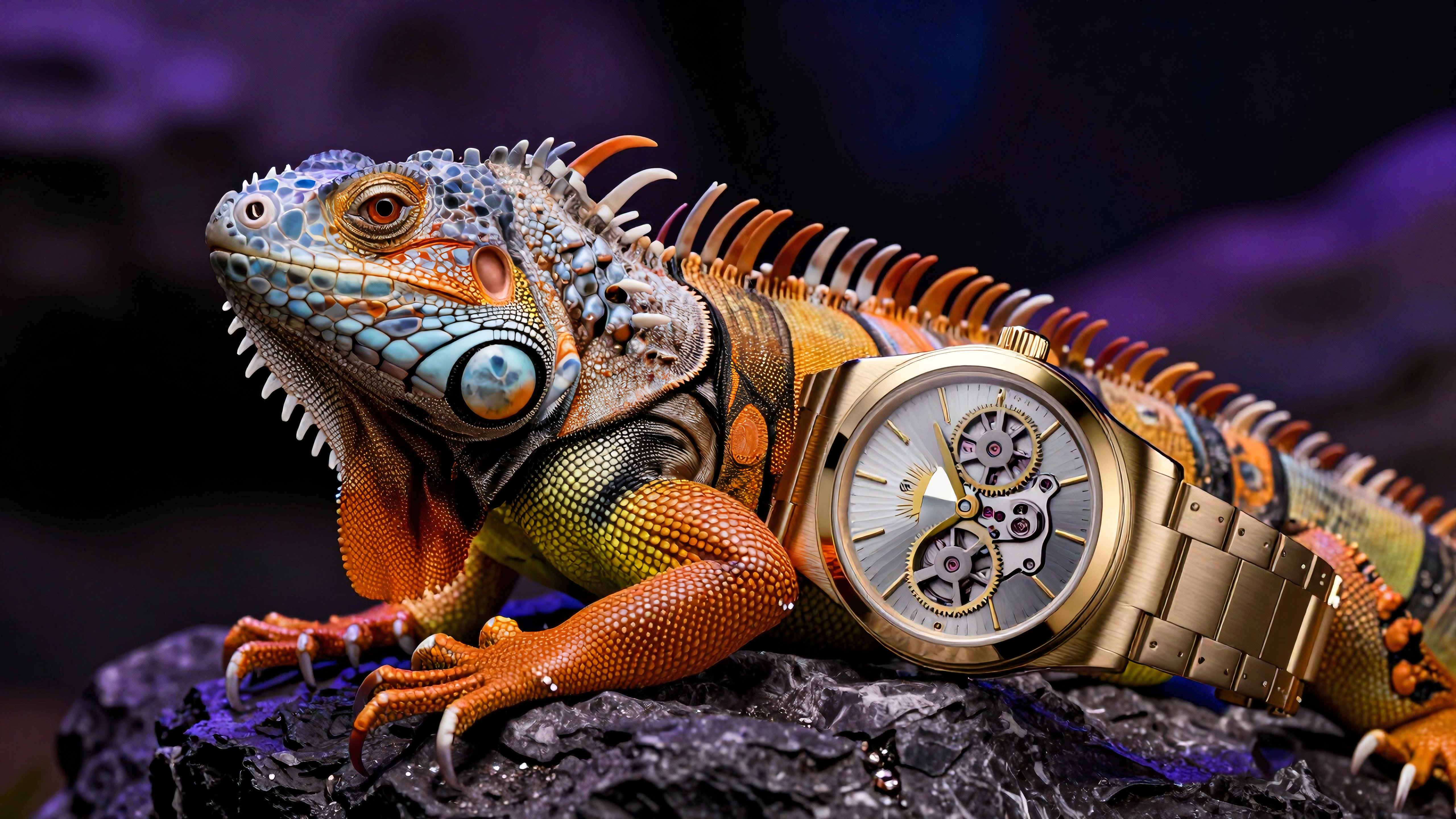 Luxury gold watch beside colorful iguana on rocky surface