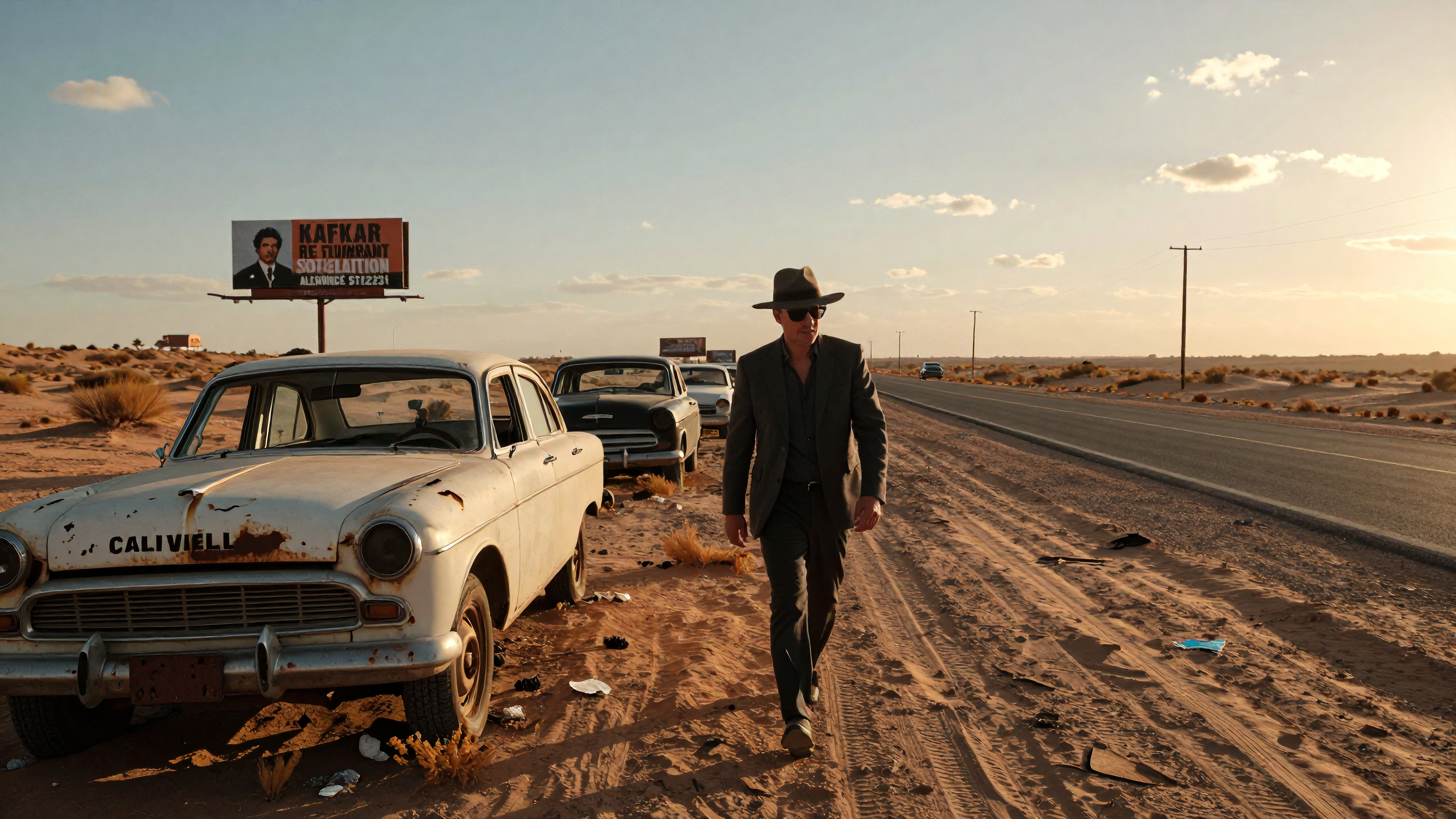 Man walking solo through dusty desert highway near old cars and strange billboard