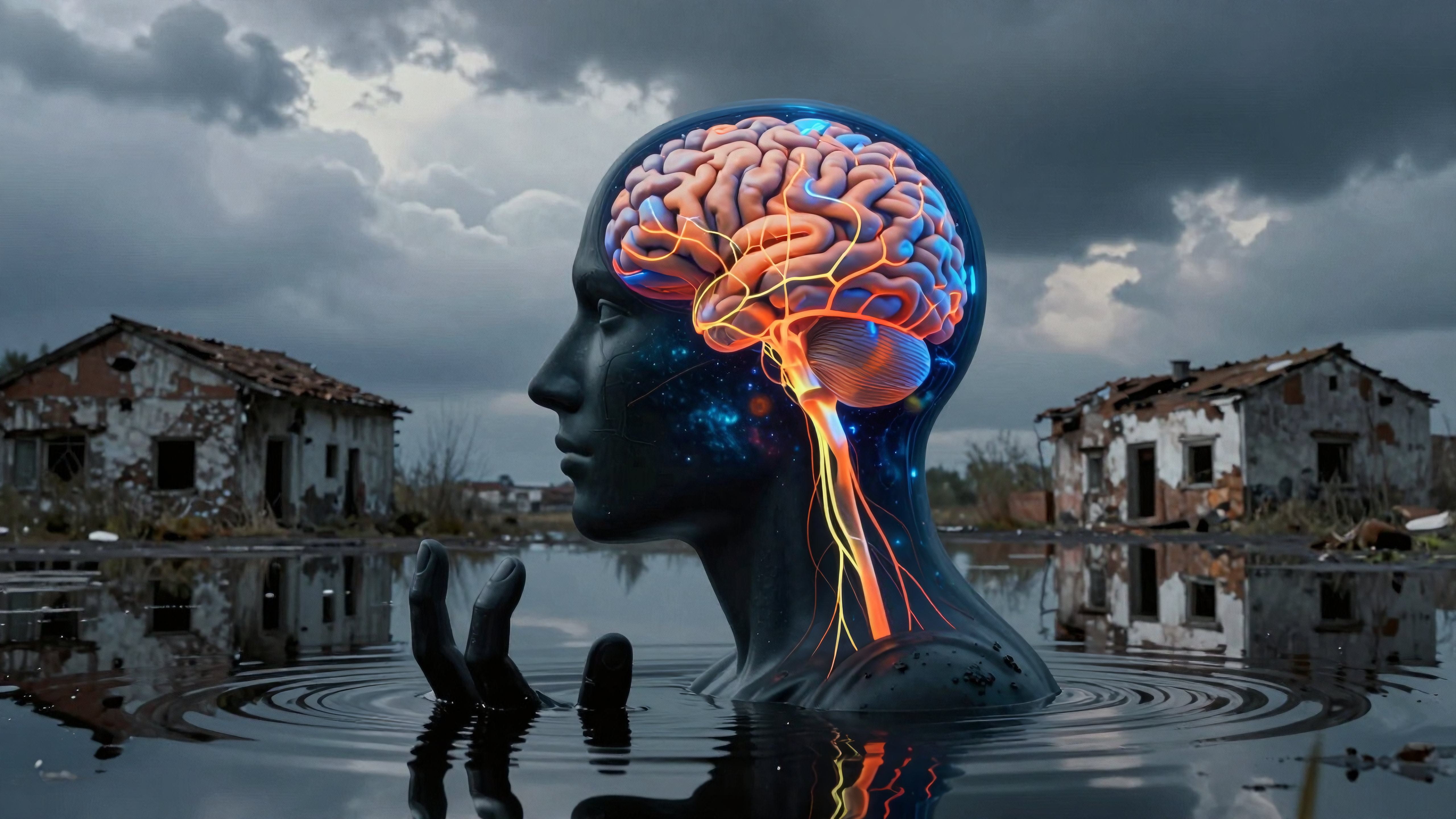 Surreal AI-generated artwork showing glowing brain rising from flooded ruins with broken houses reflected in water