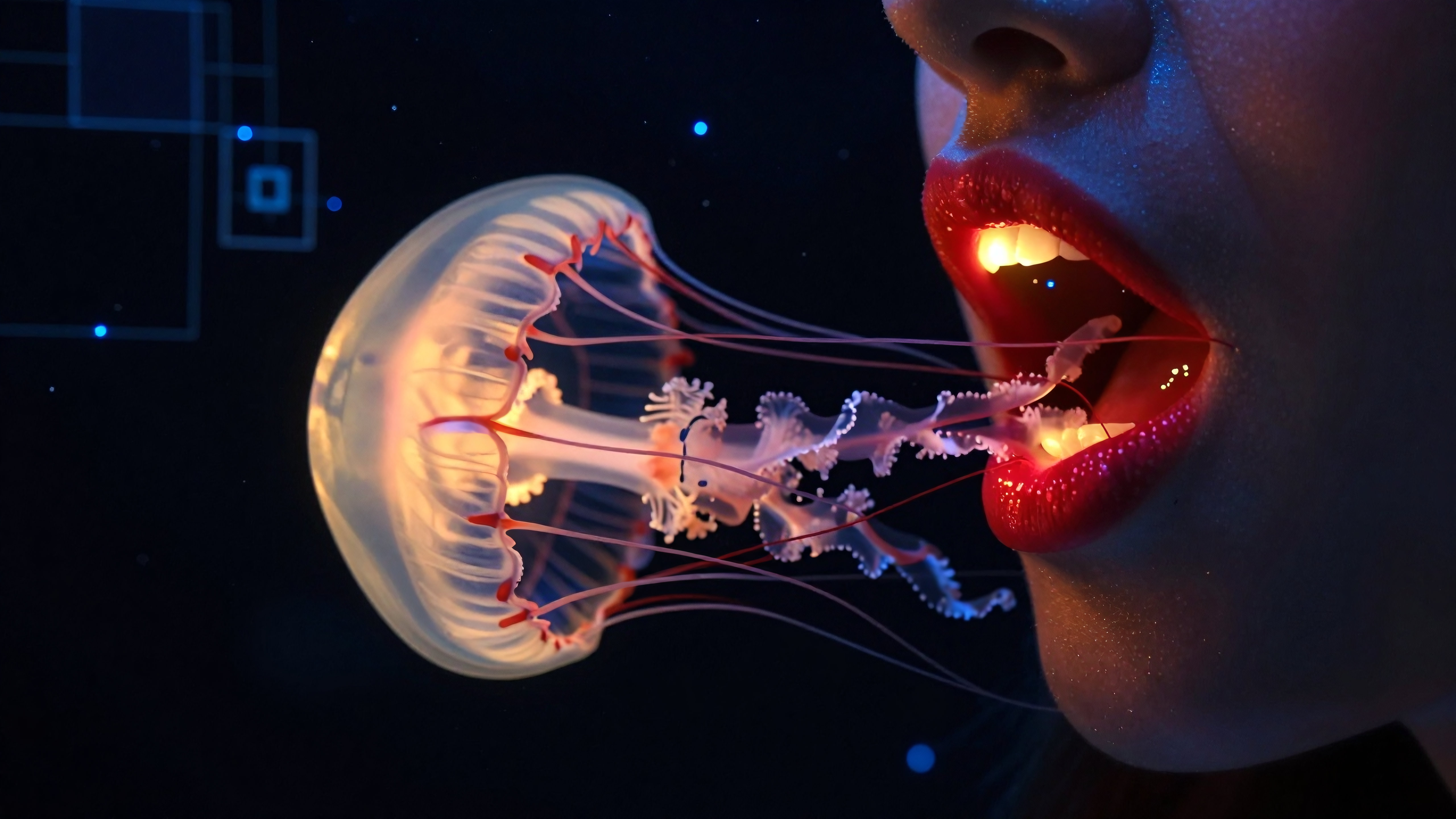 Surreal artwork showing glowing jellyfish inside a person’s open mouth under dramatic lighting.