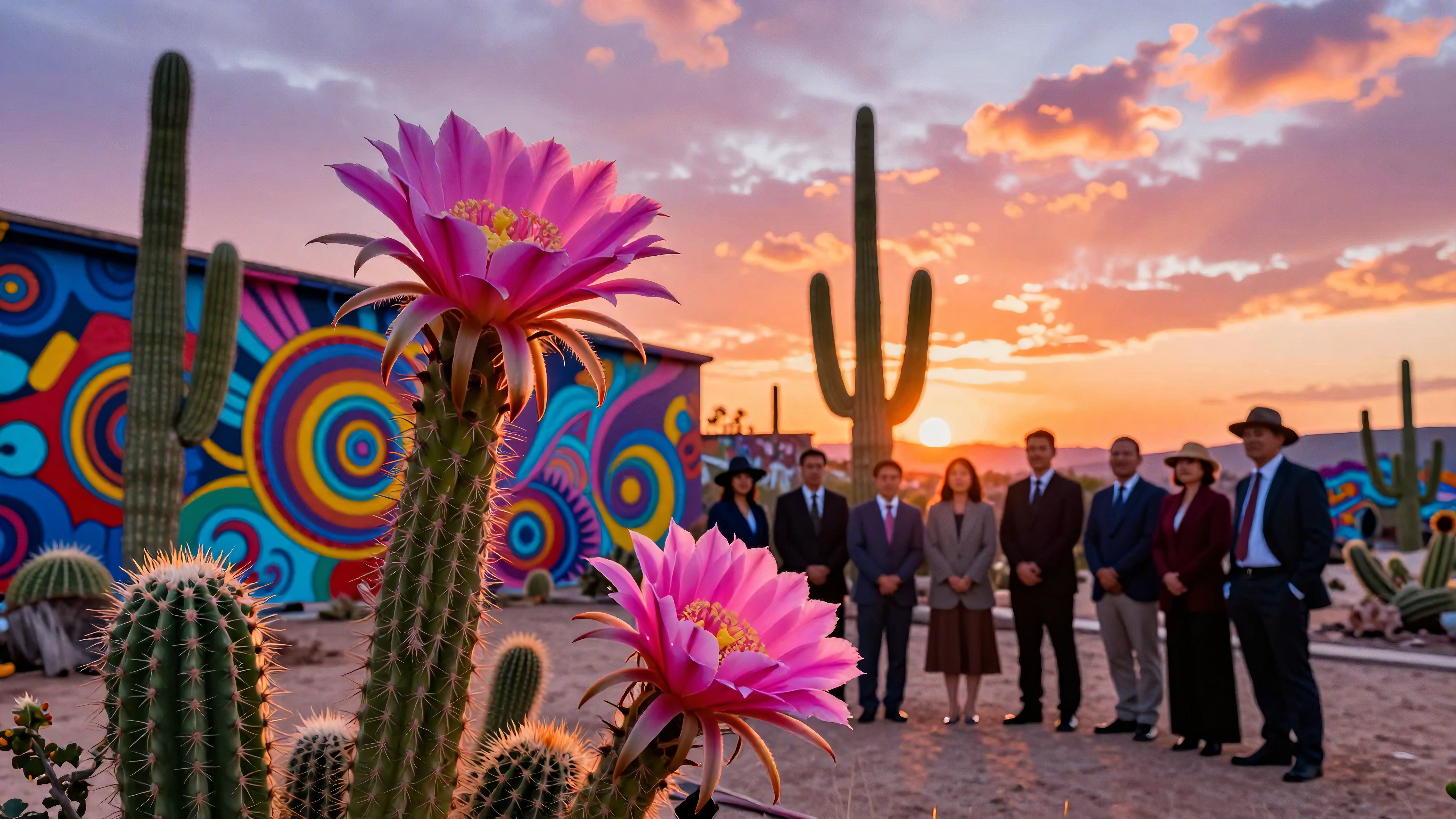 Formally dressed people gather during magical desert sunset amidst blooming cactus and vivid murals.