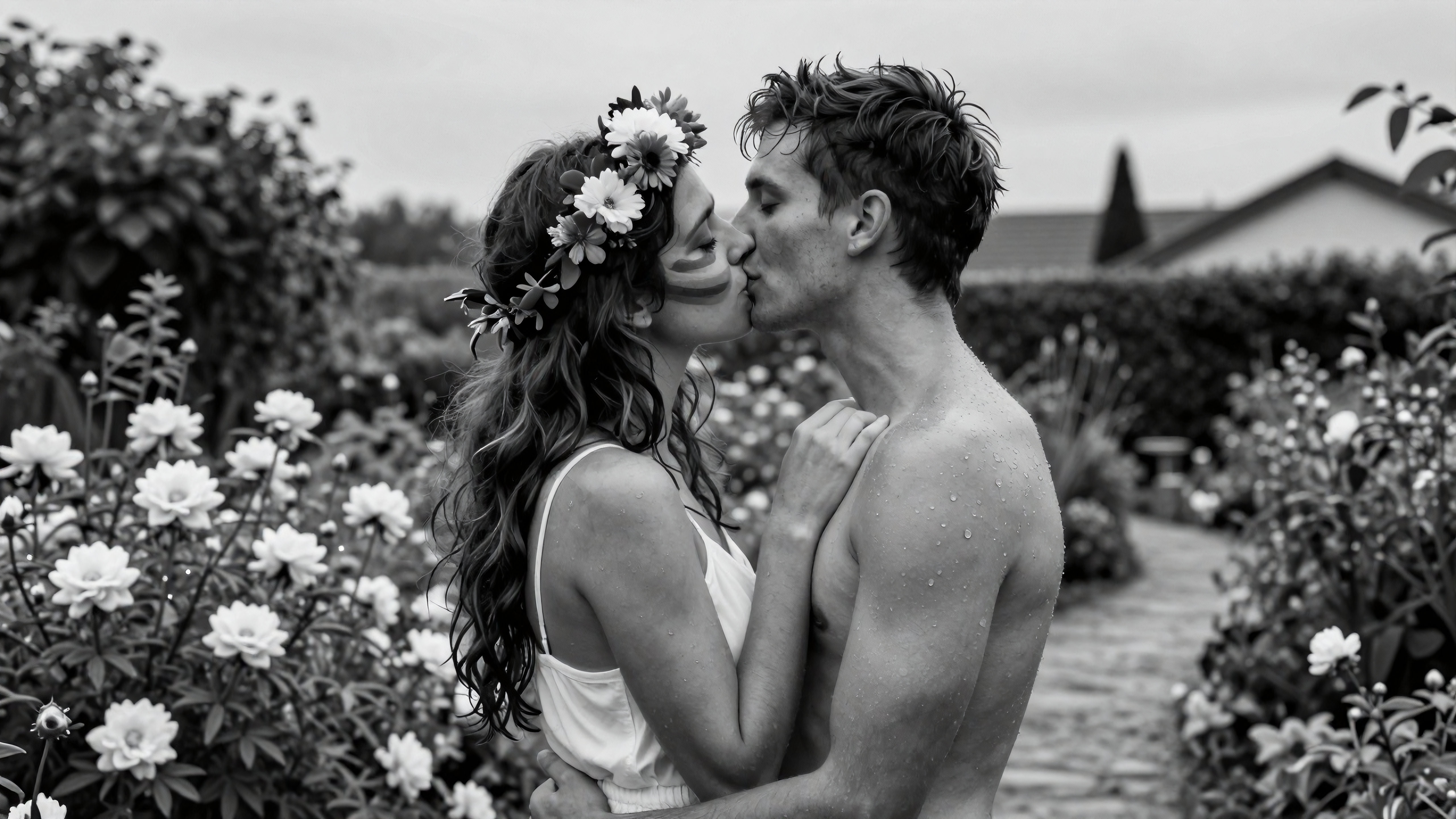 Romantic couple sharing passionate kiss amidst blooming garden roses