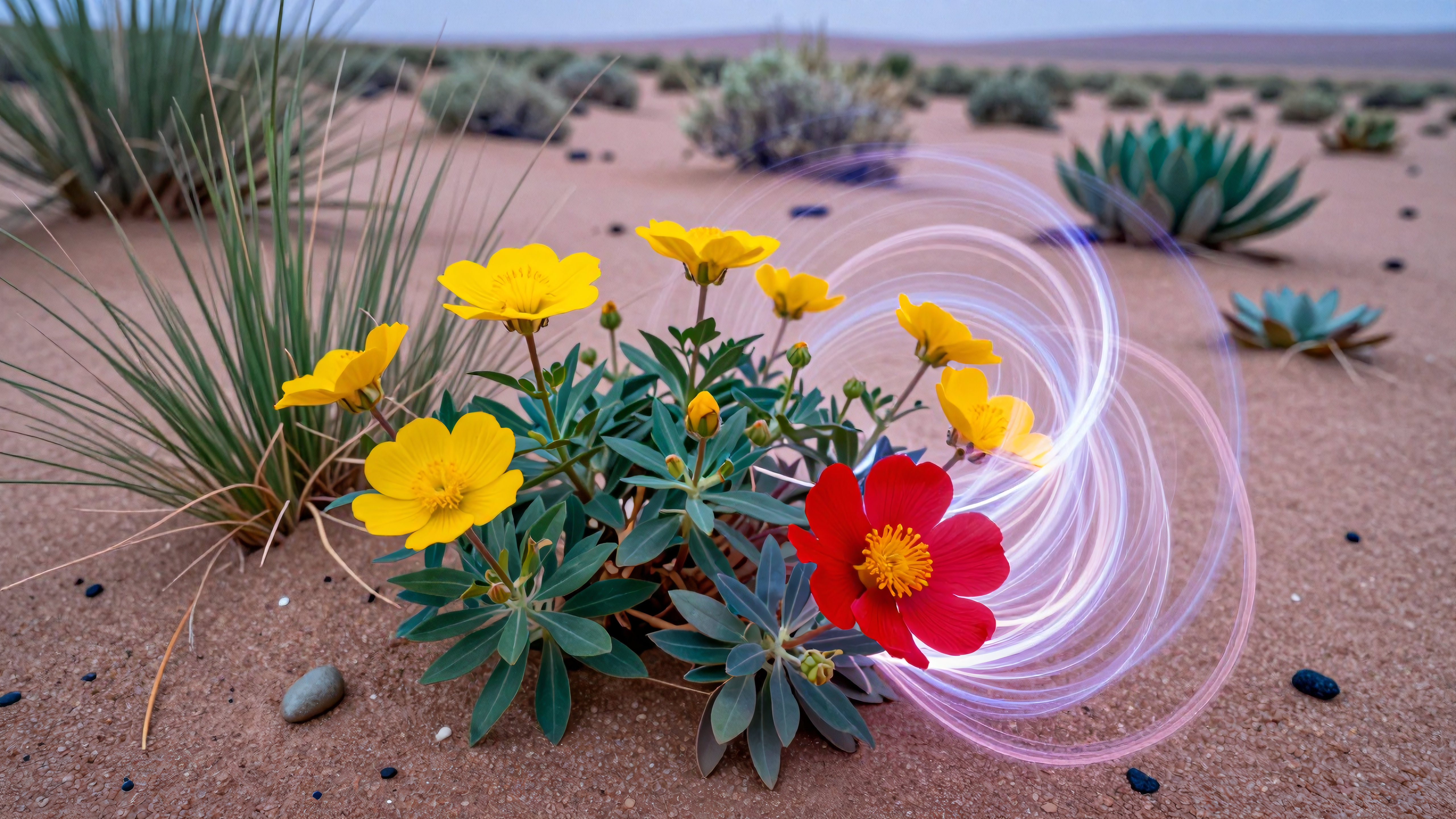 Vibrant desert flowers glowing under swirling light effect