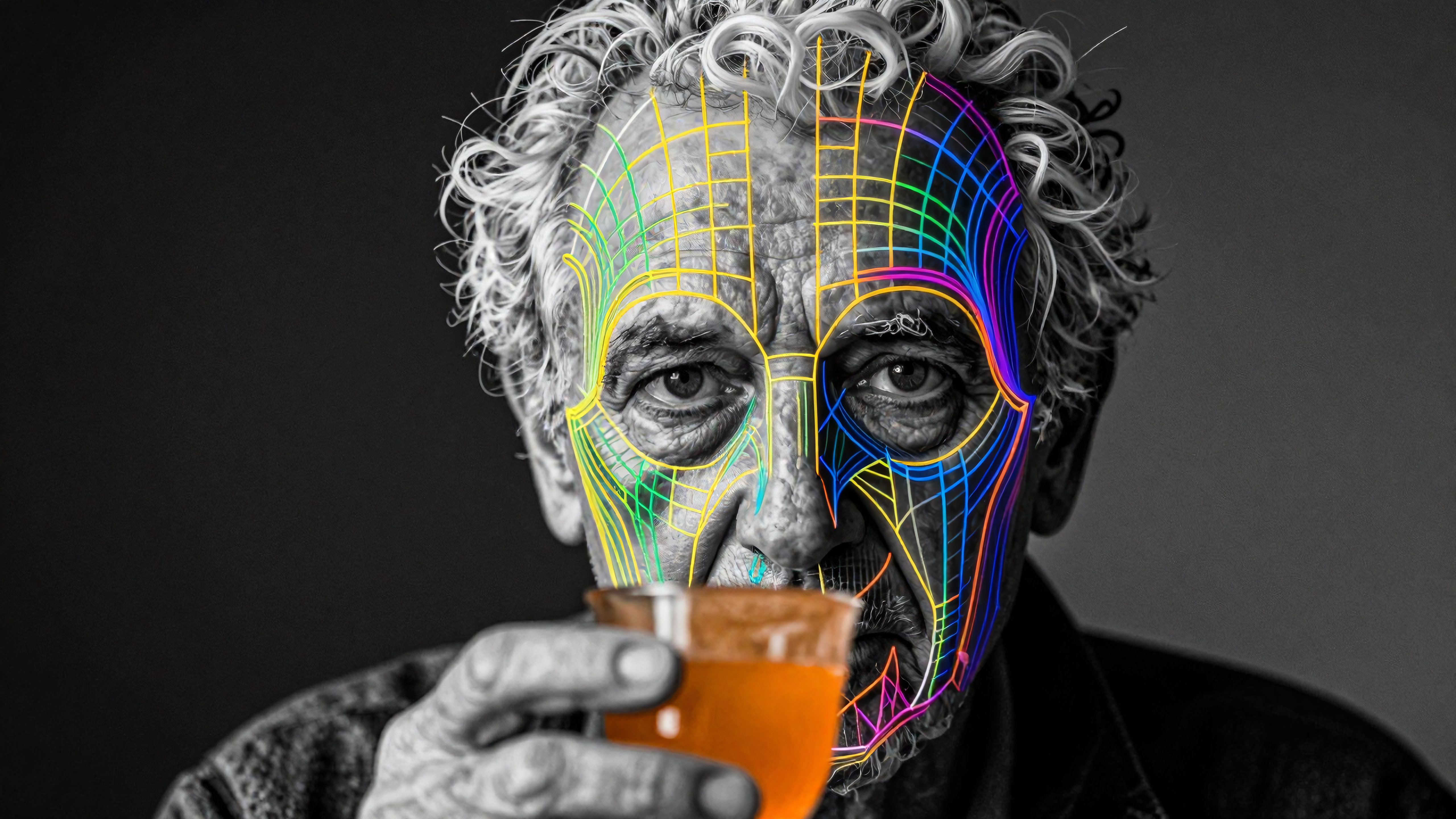 Elderly man drinking tea with colorful digital overlays on half-face