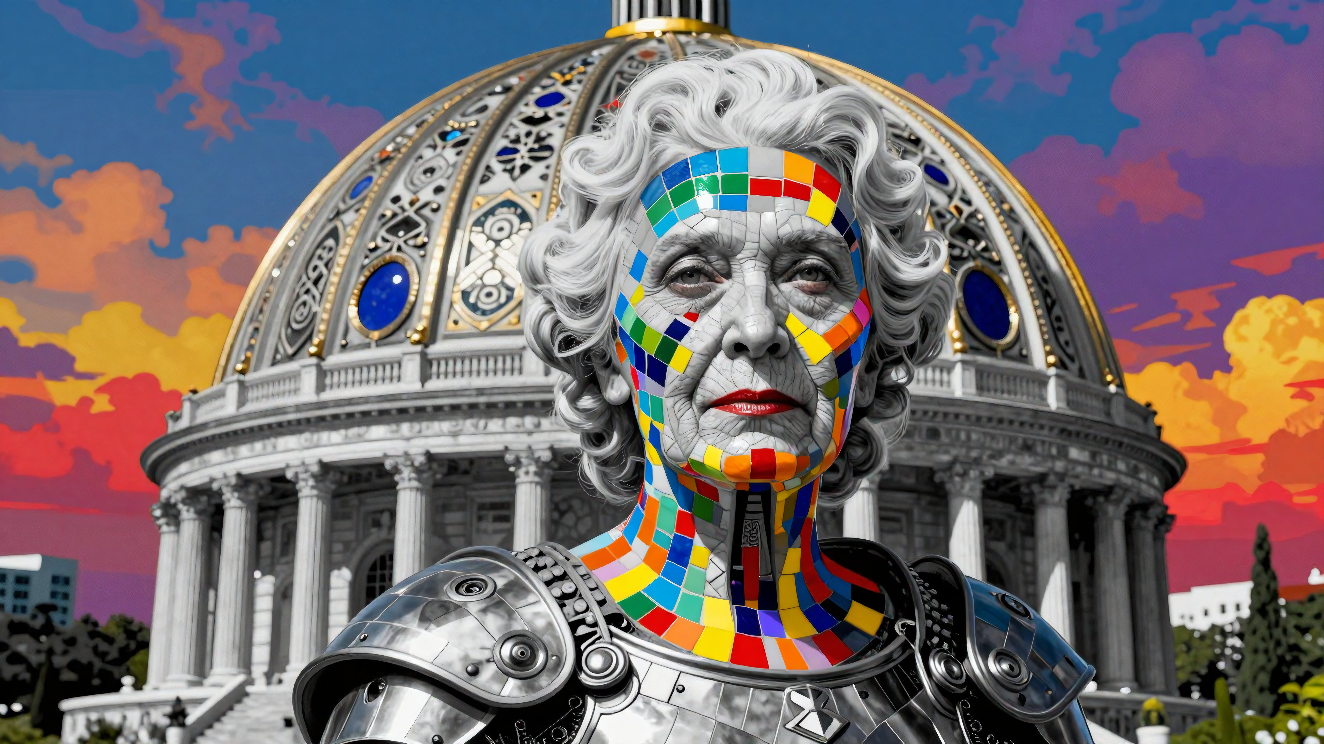Elderly mosaic-faced warrior stands before domed government building amid dramatic colored skies