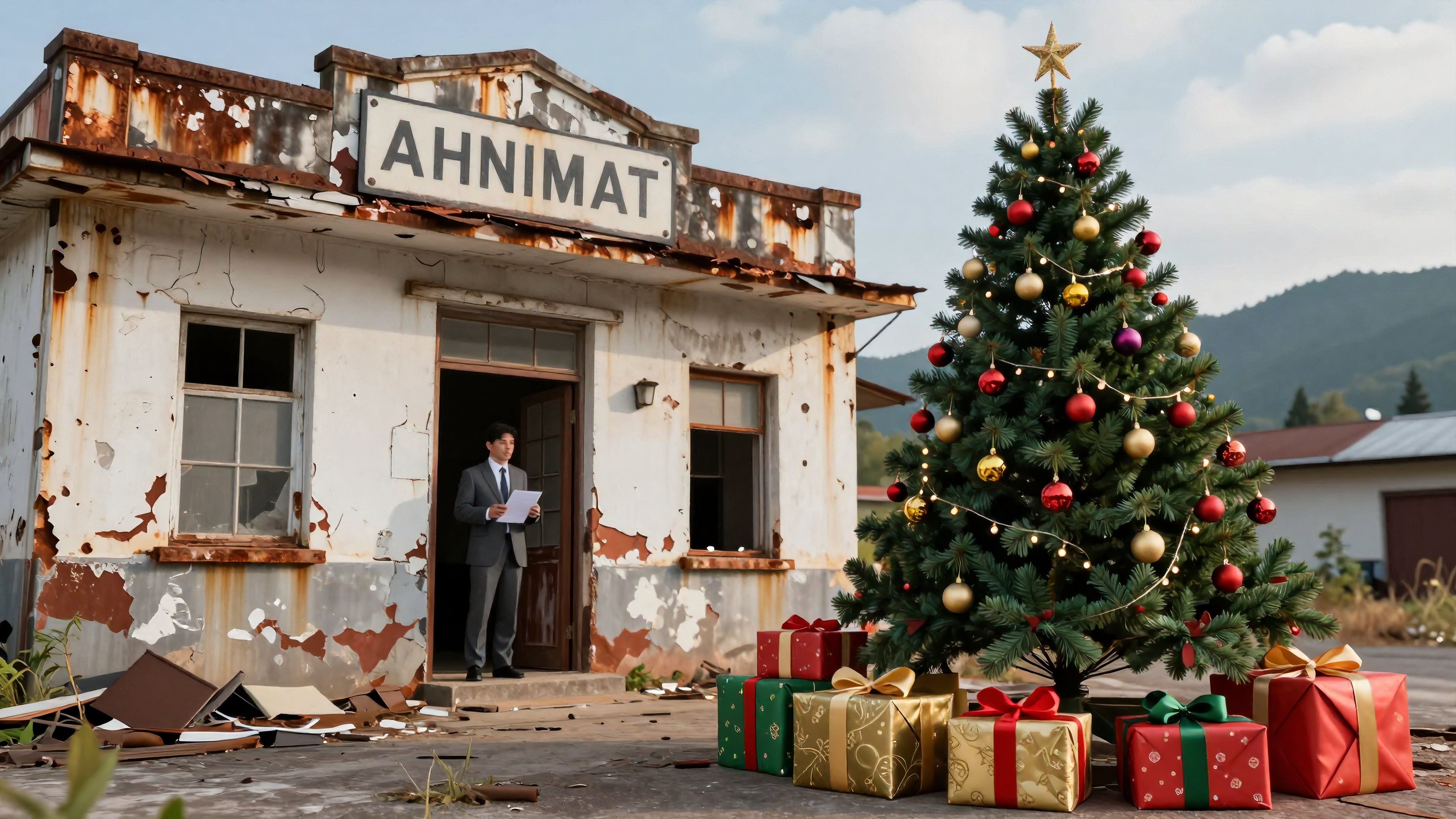 Abandoned train station decorated with Christmas tree and presents during holidays