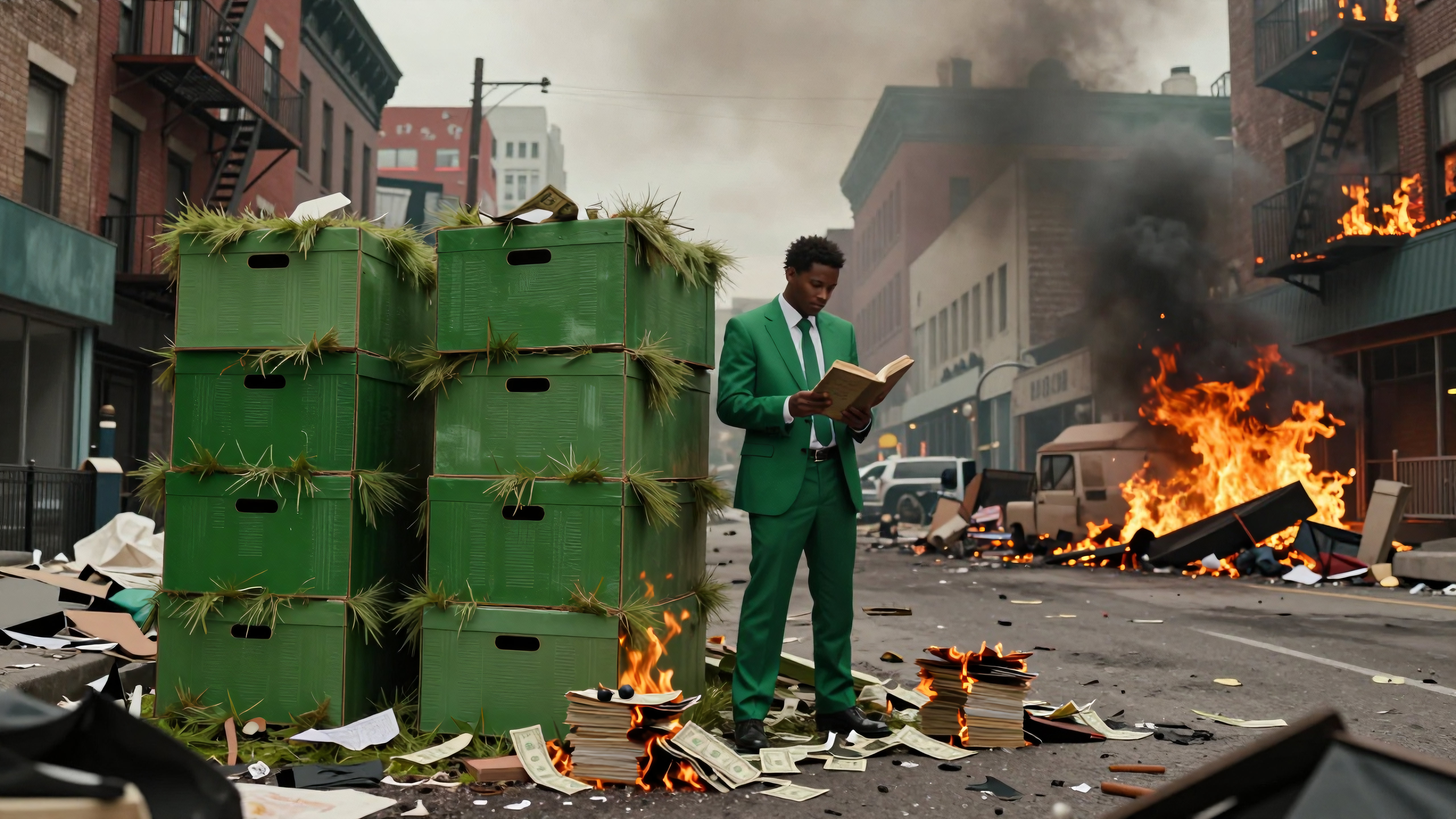 Man in Green Suit Reading Book While City Burns Around Him