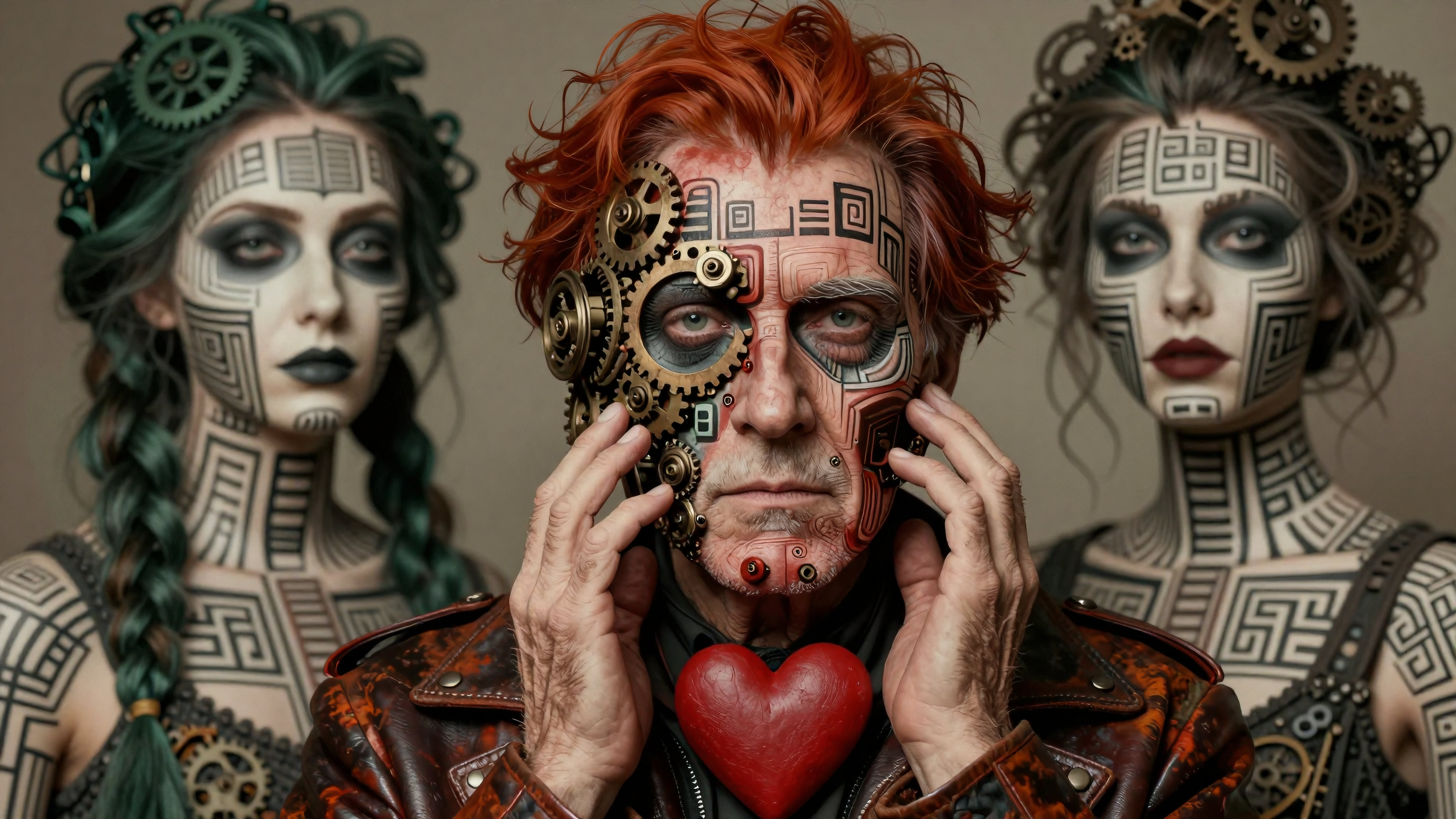 Steampunk artist wearing mechanical face gear holding heart surrounded by robotic goddesses