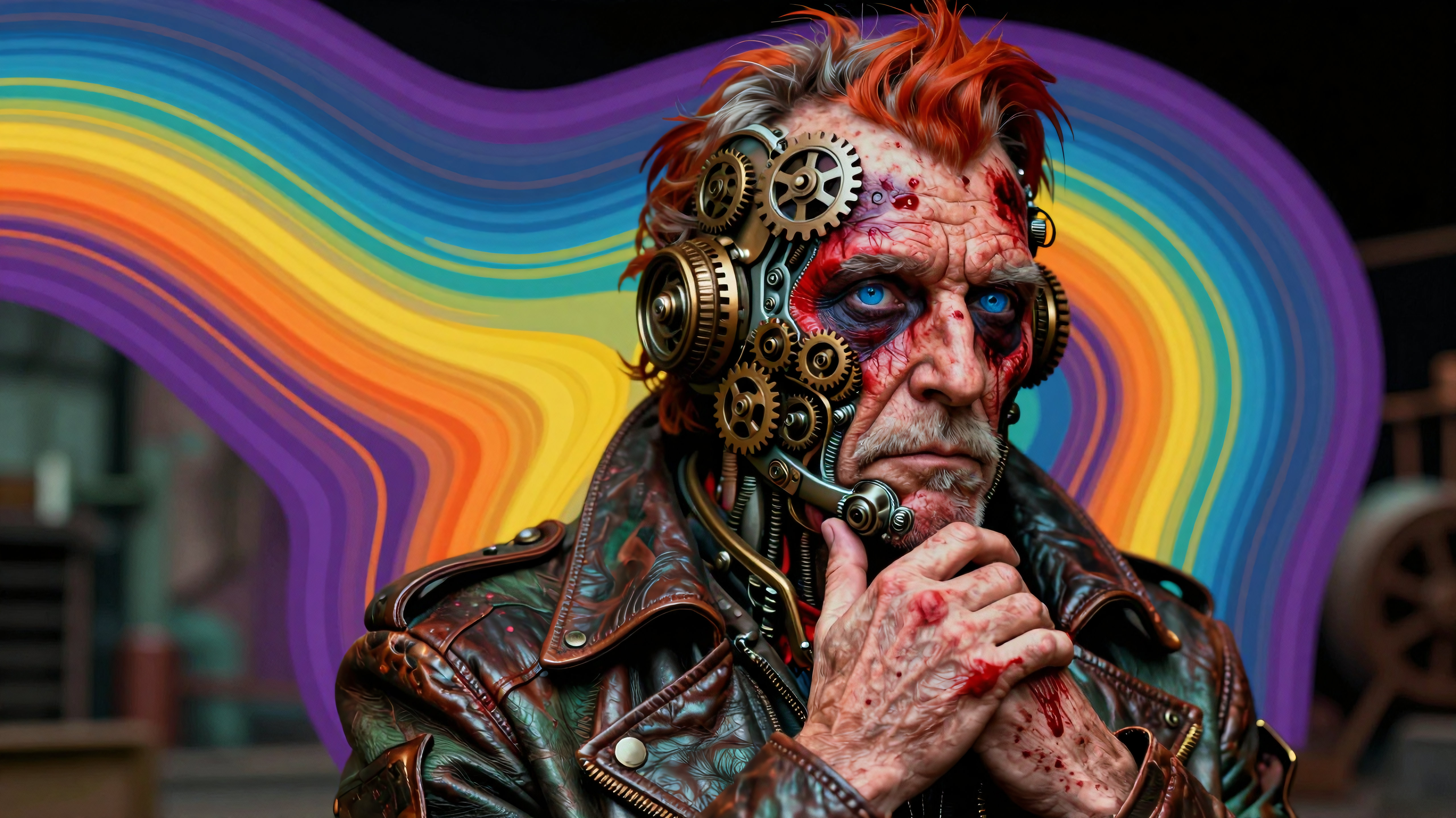 Steampunk cybernetic character with mechanical enhancements agai
