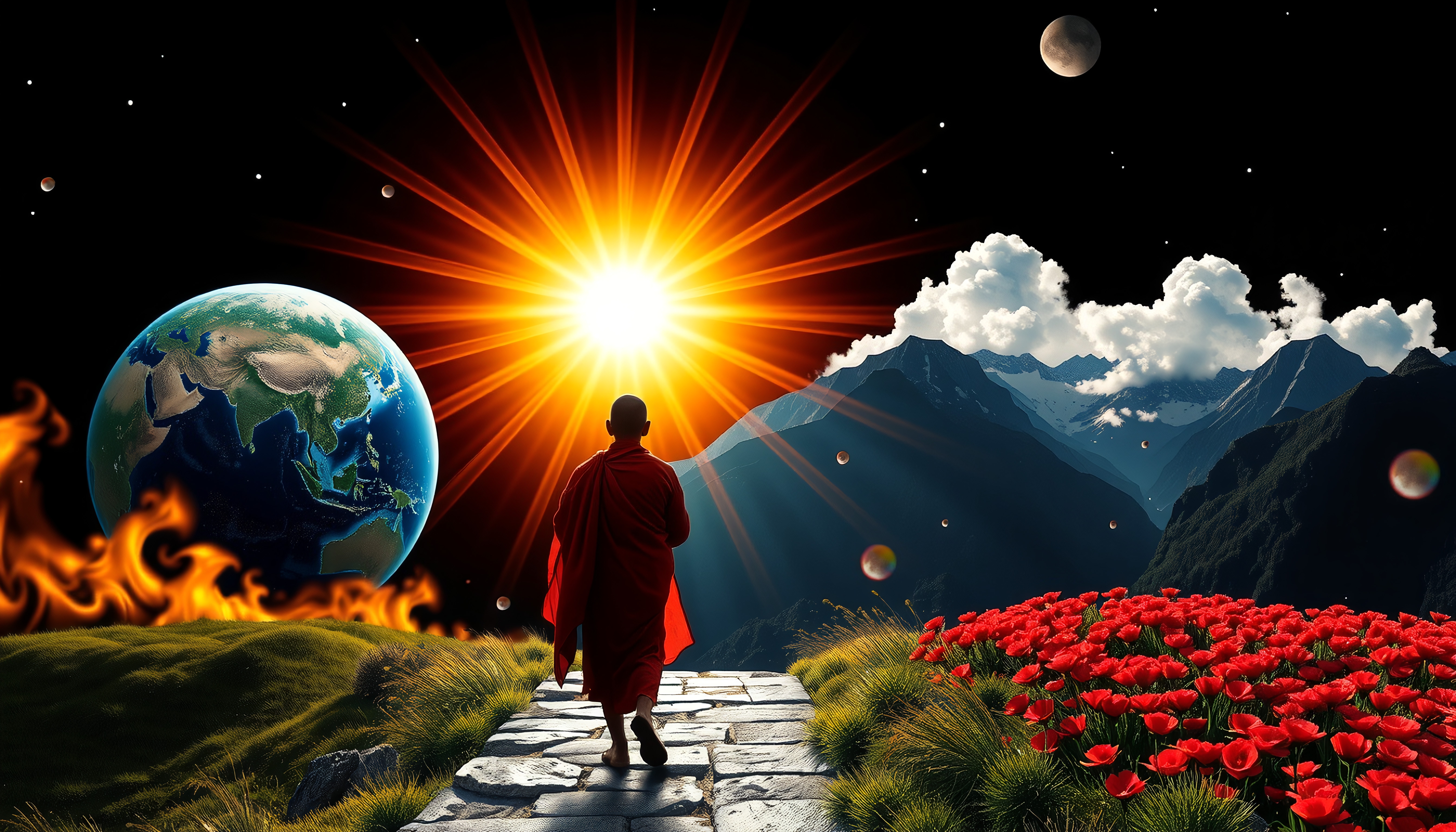 A monk in a surreal landscape, with Earth, sun, and cosmic elements.