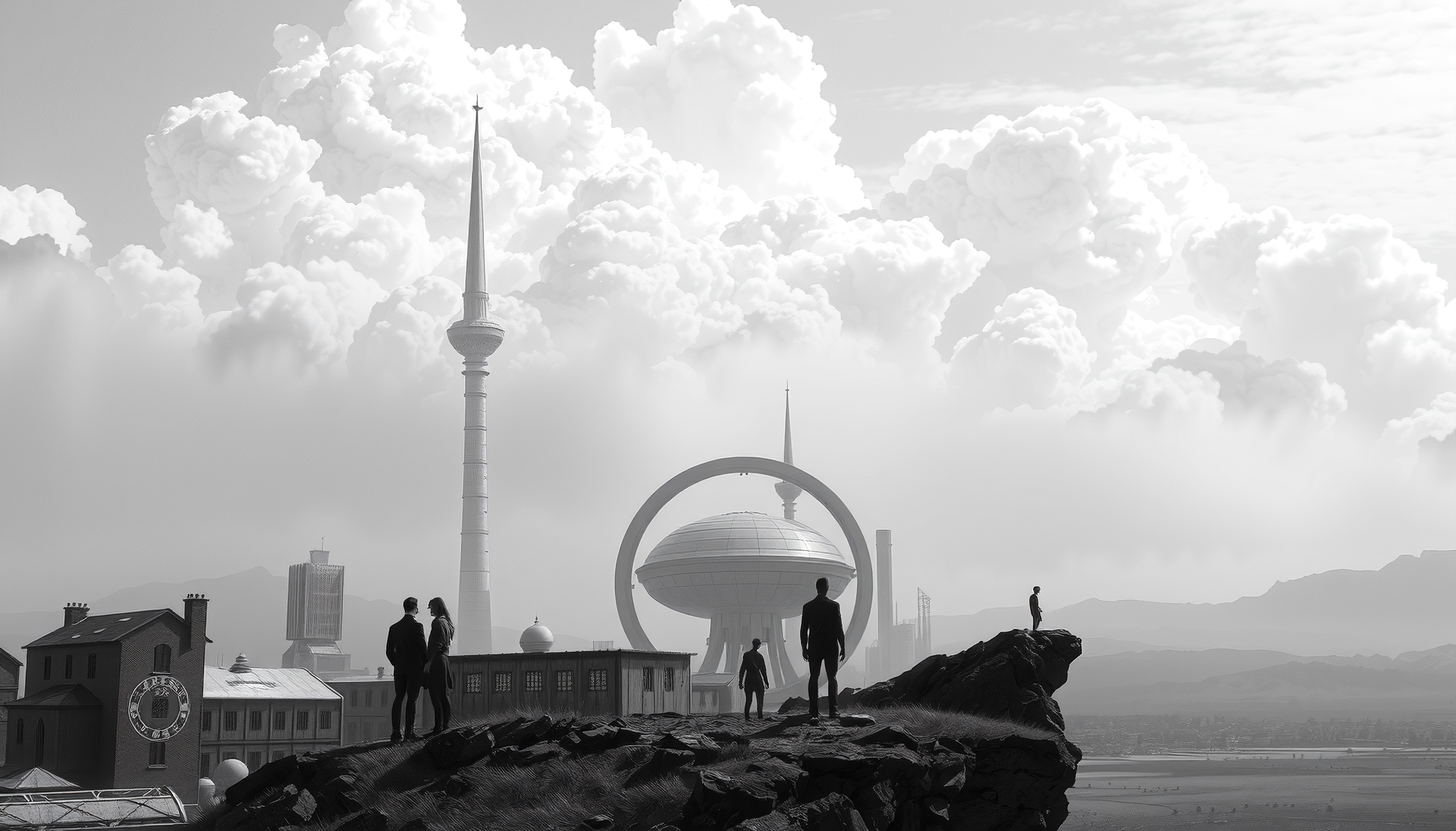 Silhouettes of people against famous landmarks under dramatic, b
