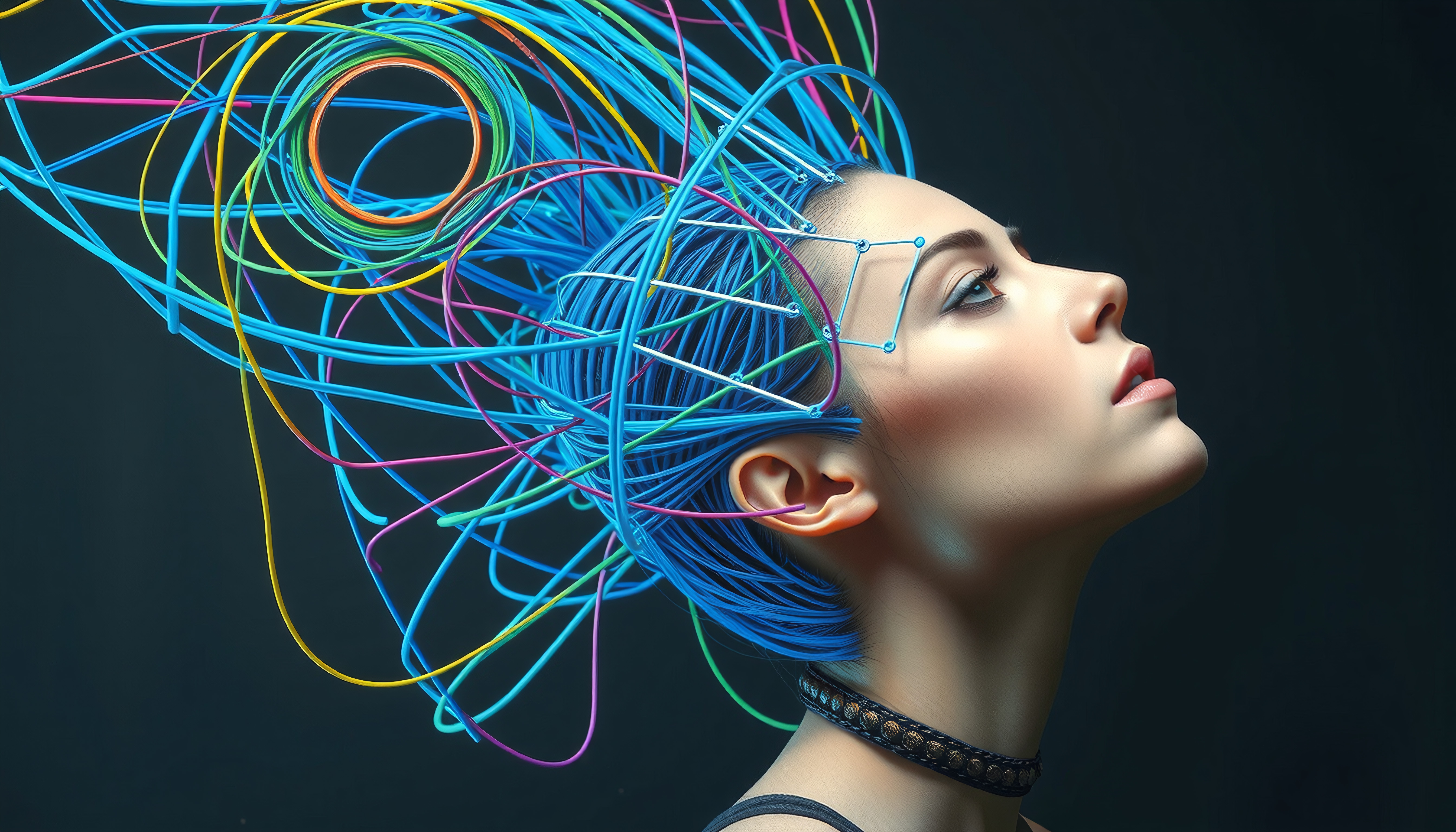Futuristic portrait of woman with colorful wired headpiece.