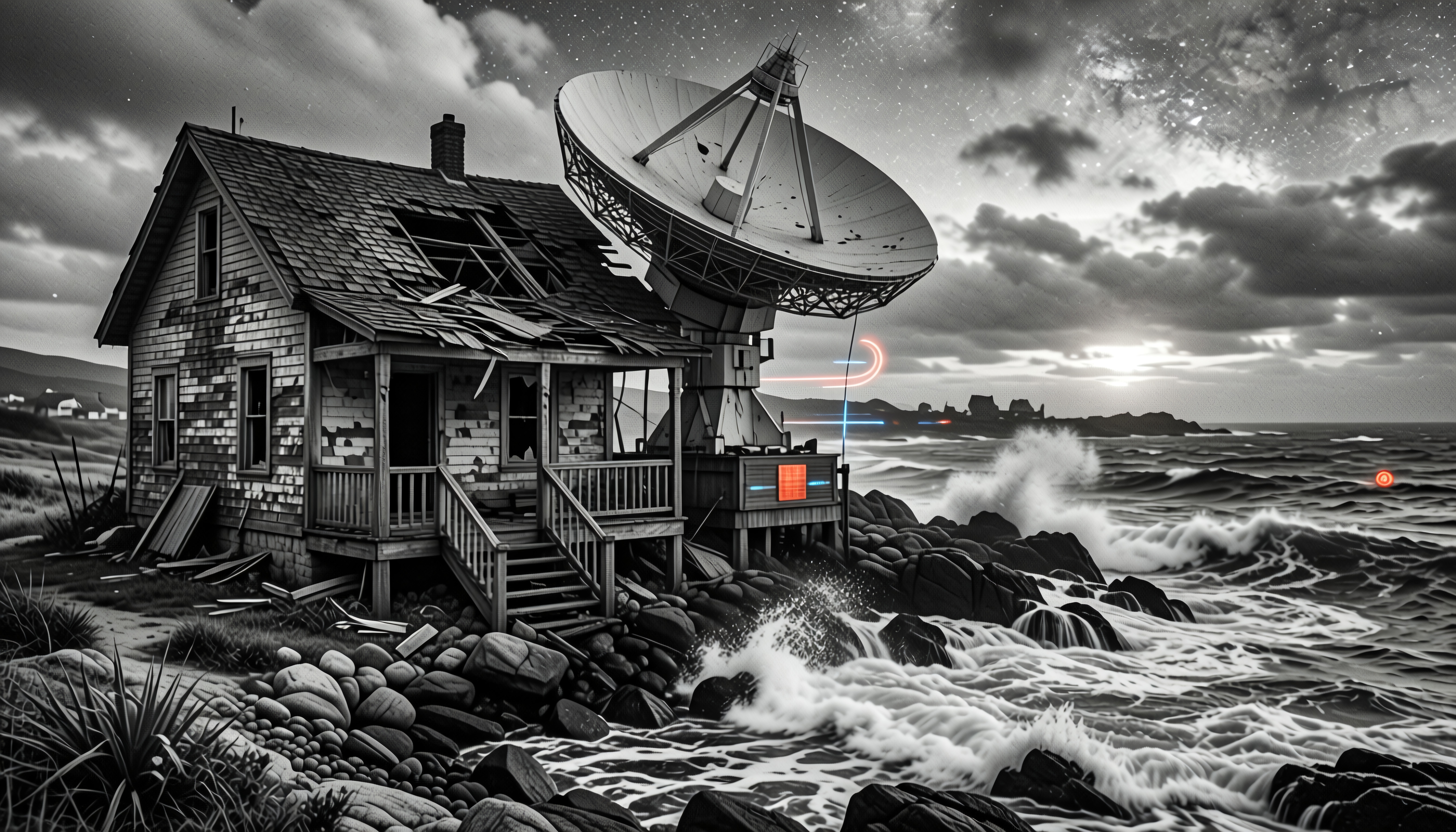 A decaying house with satellite dish stands beside stormy sea.