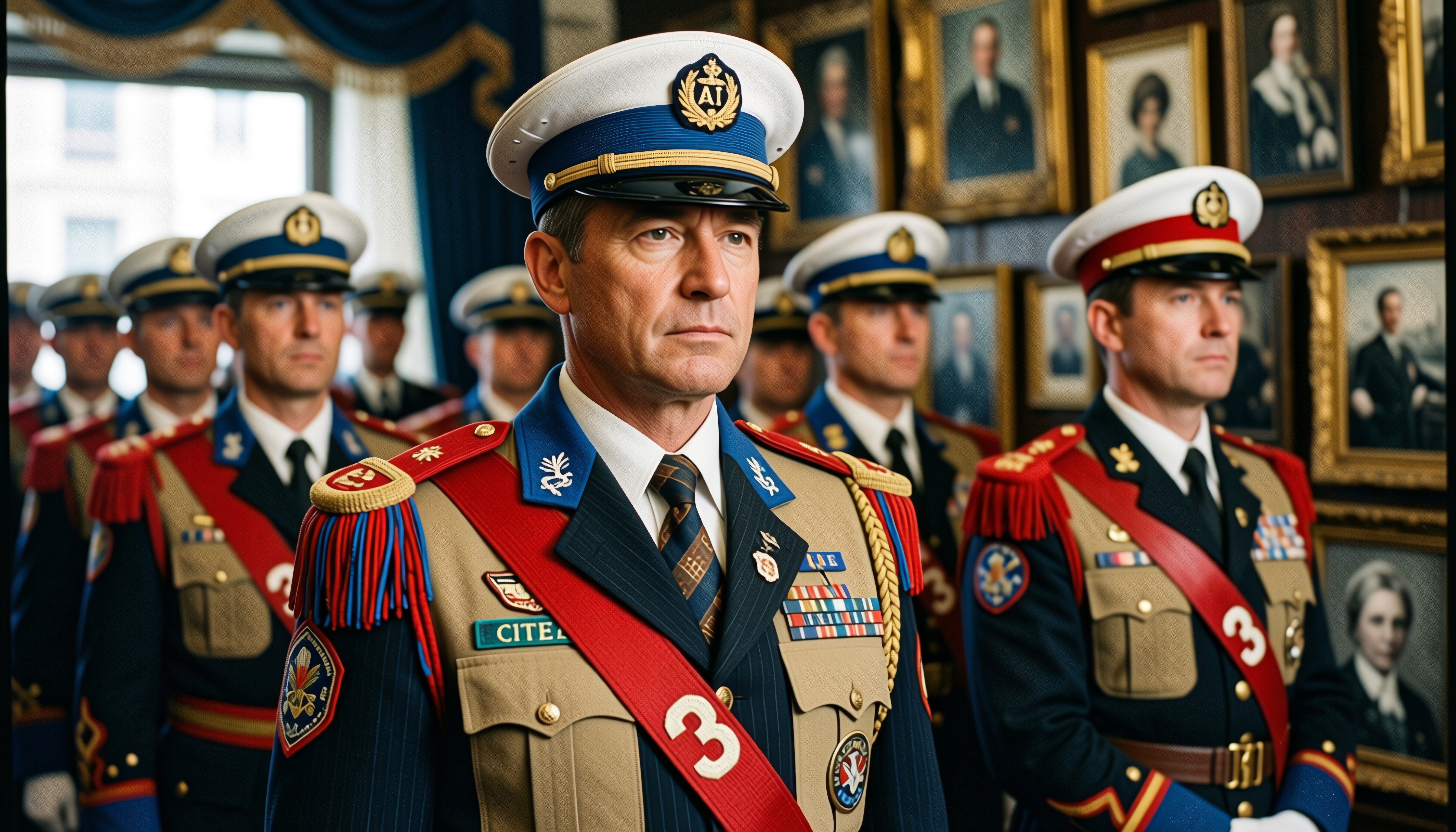 A distinguished group of officers in ceremonial attire stands before historical portraits in a richly decorated room.