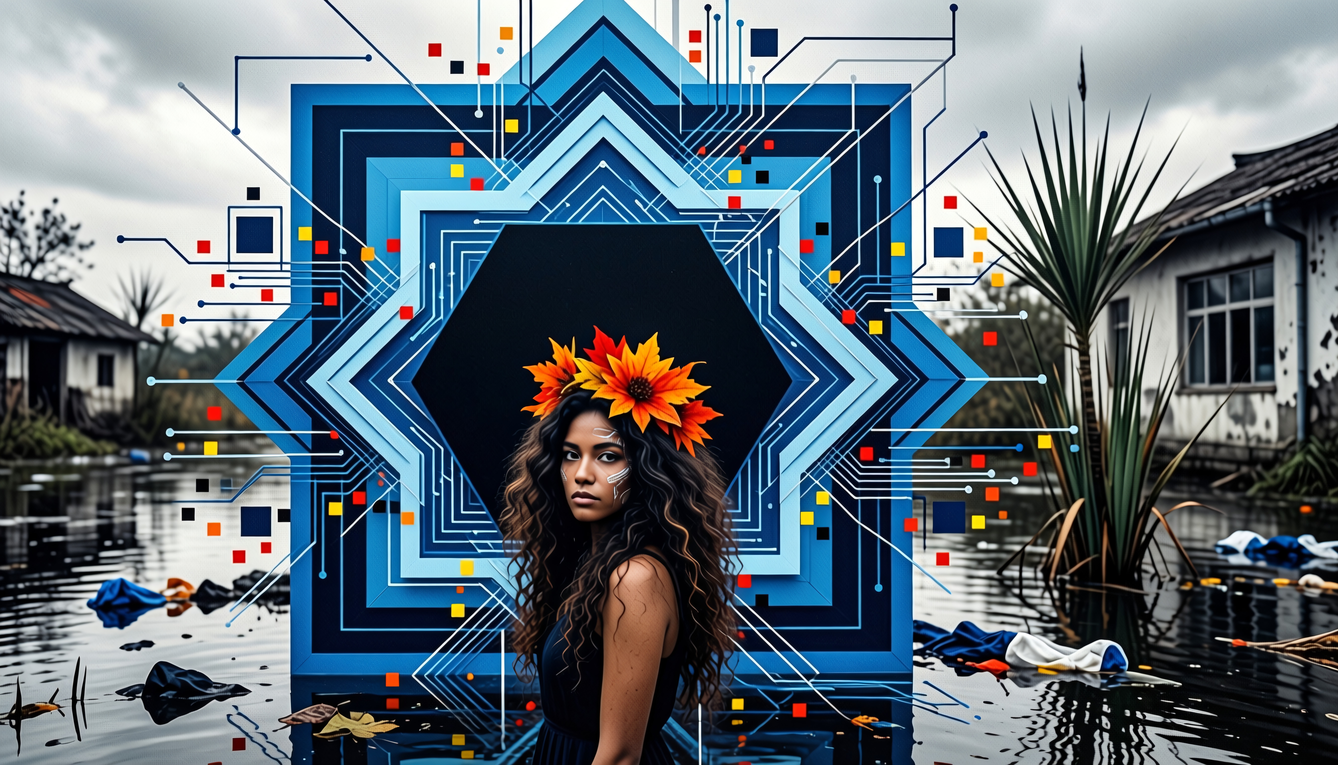 A woman stands before geometric art with a floral headpiece.