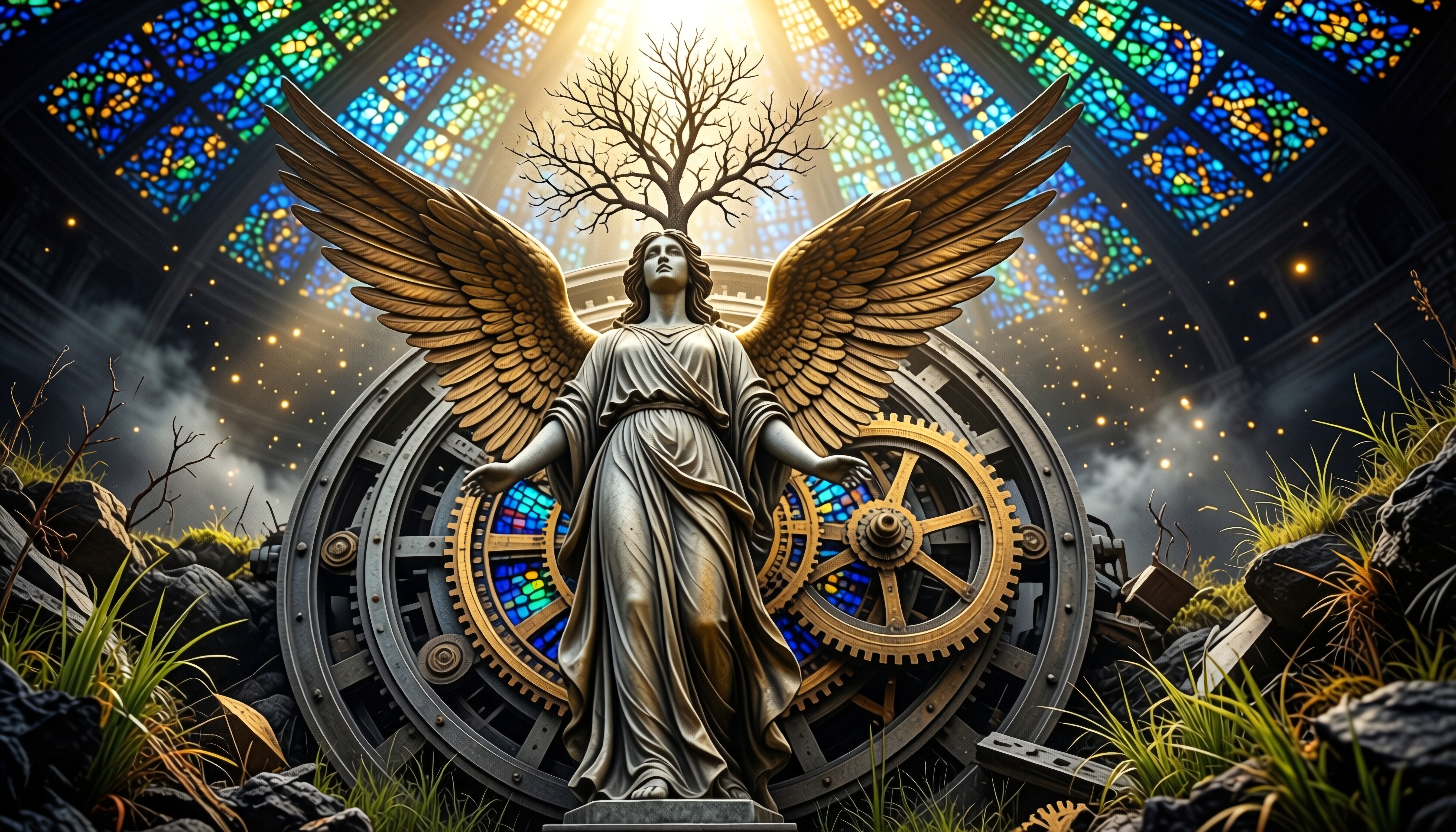 Majestic angel statue surrounded by clockwork under stained glass dome.