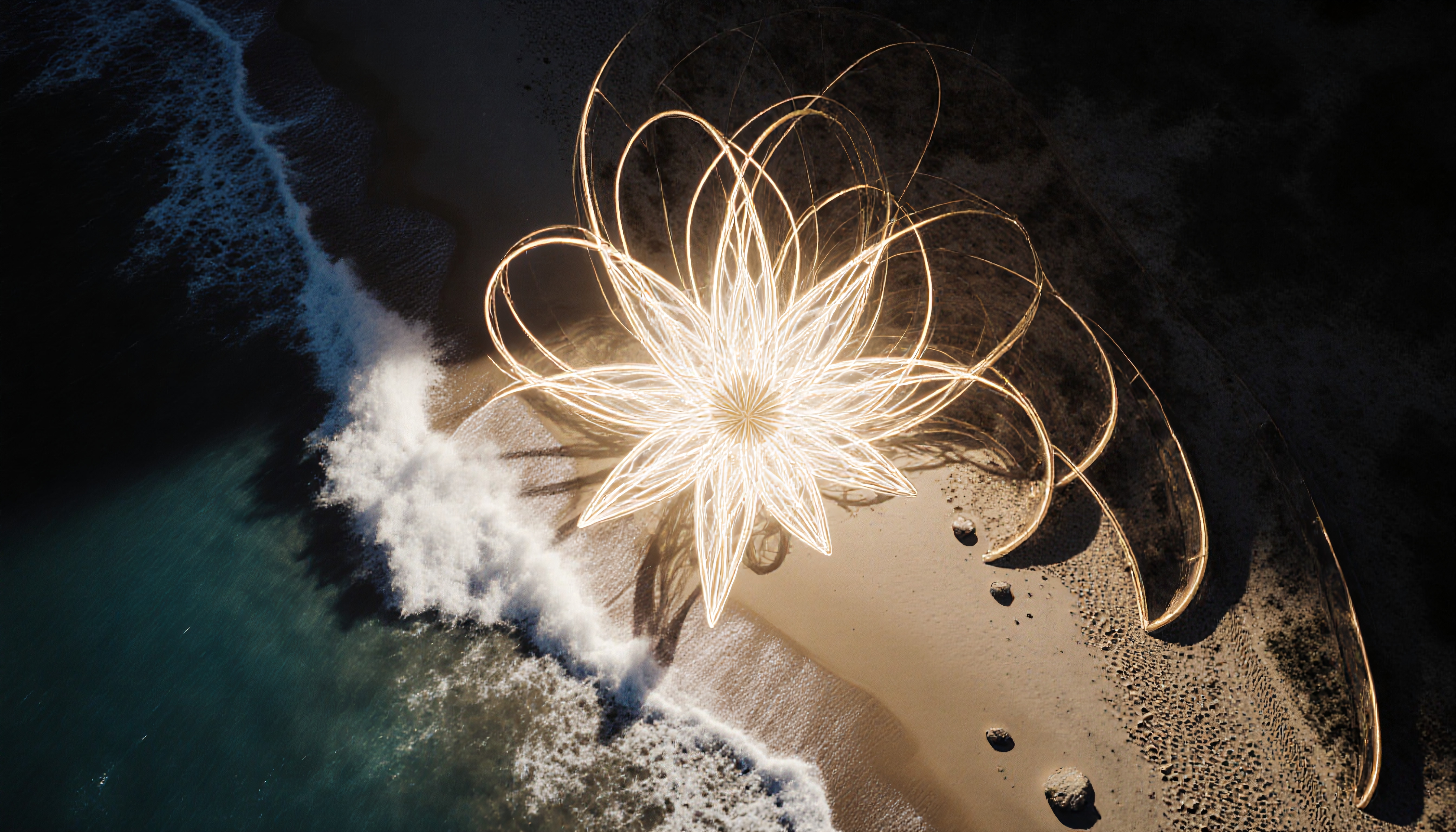 Stunning illuminated beach scene with intricate light art.