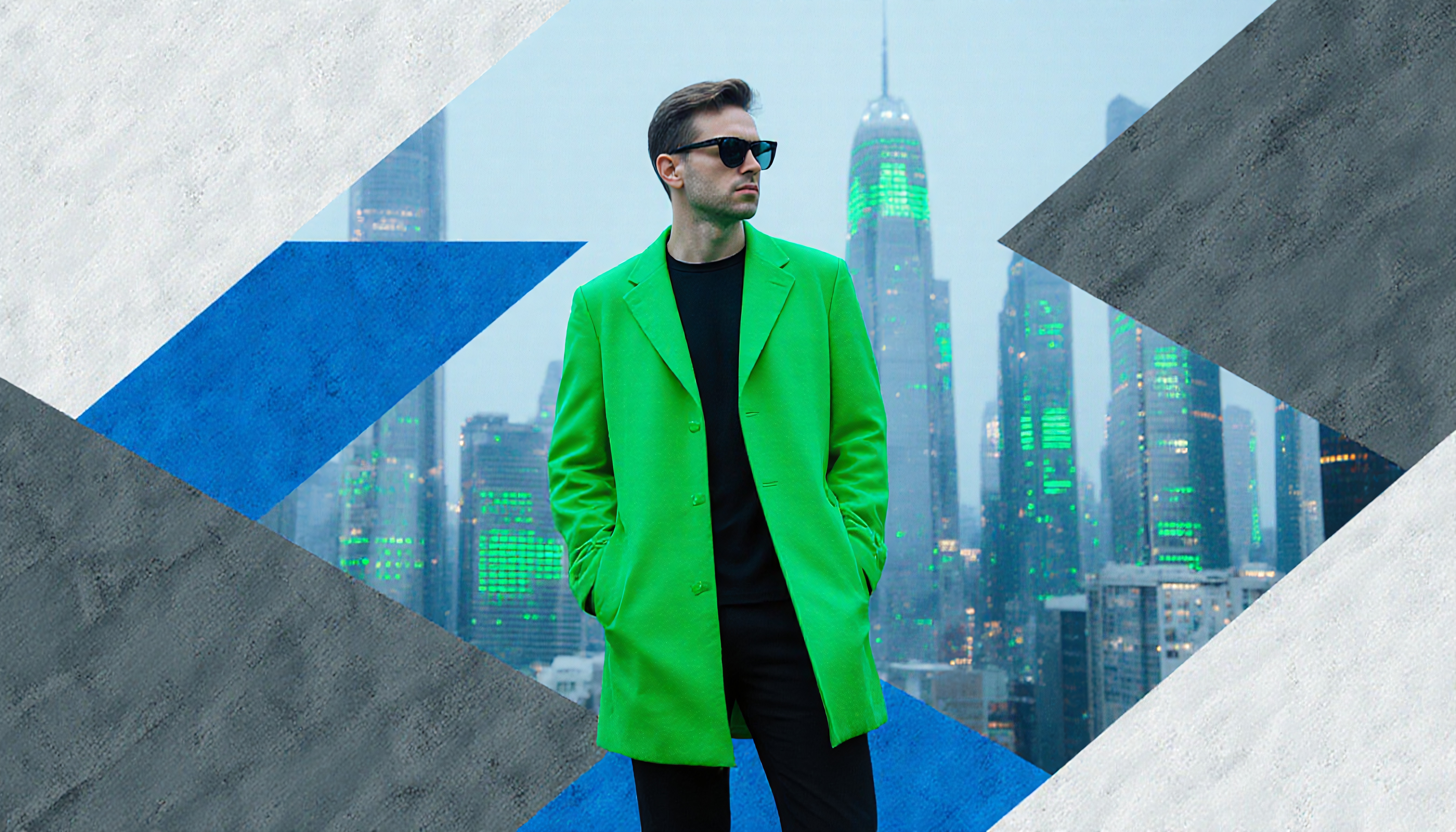 A stylish man in green coat stands stylishly before a neon-lit cityscape.