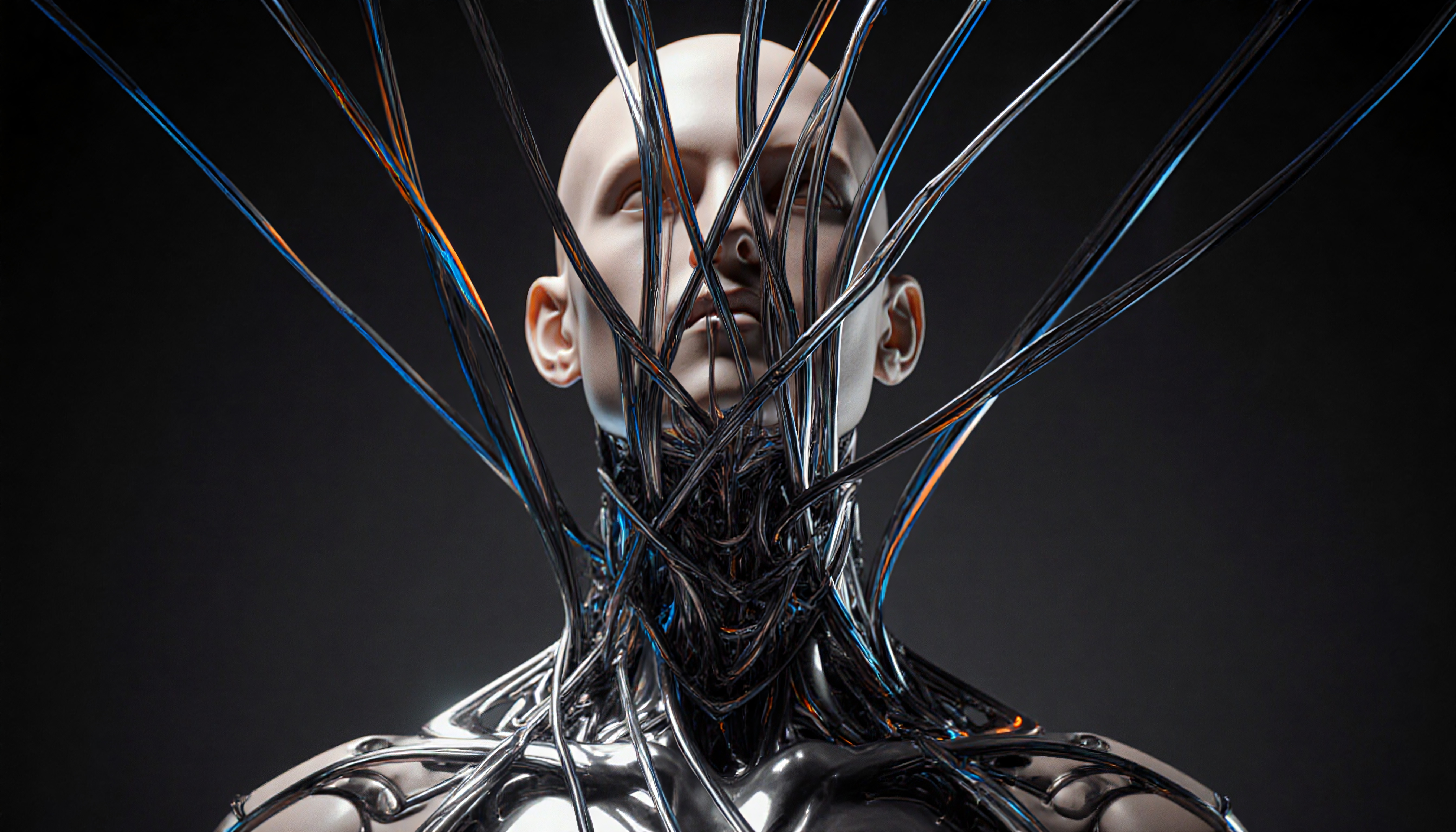 Futuristic Head and Stream of Data Cables Against Dark Backgroun