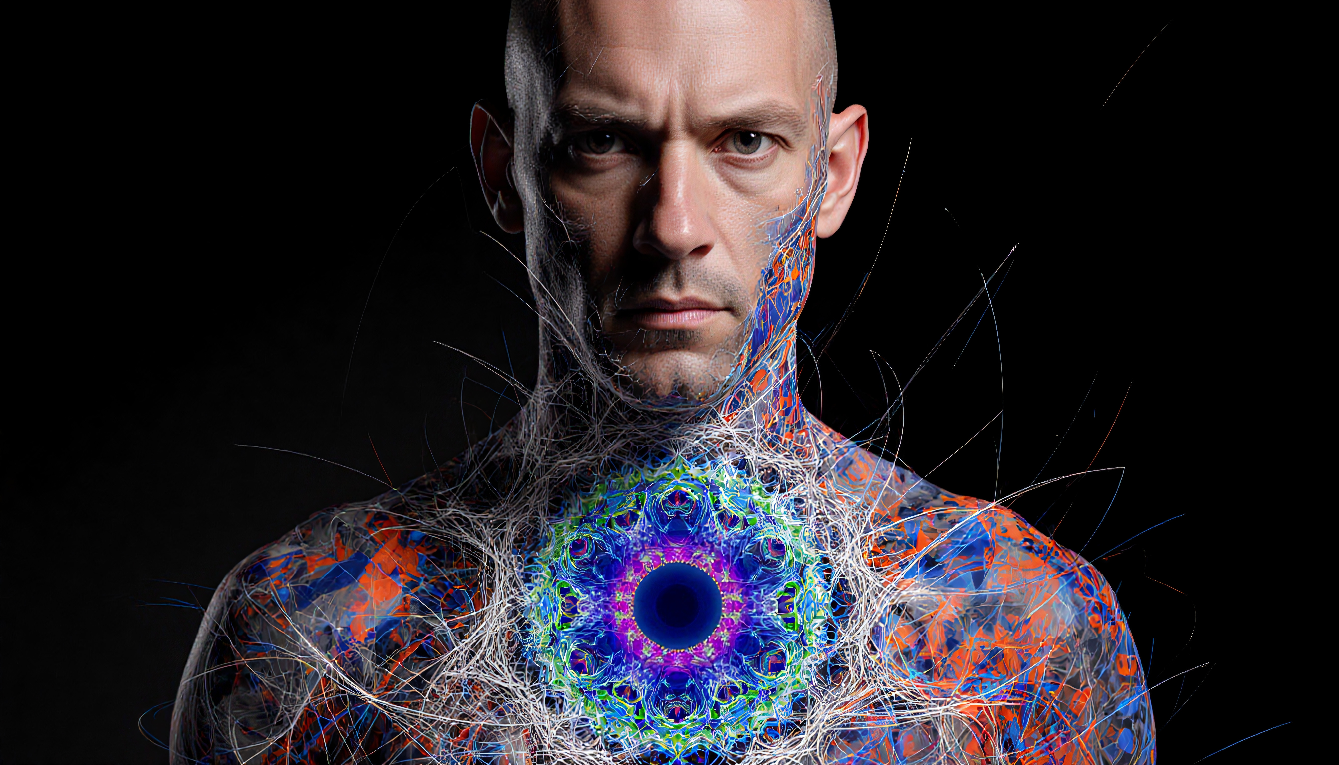 A focused man with intricate digital art and a vibrant mandala on his chest.