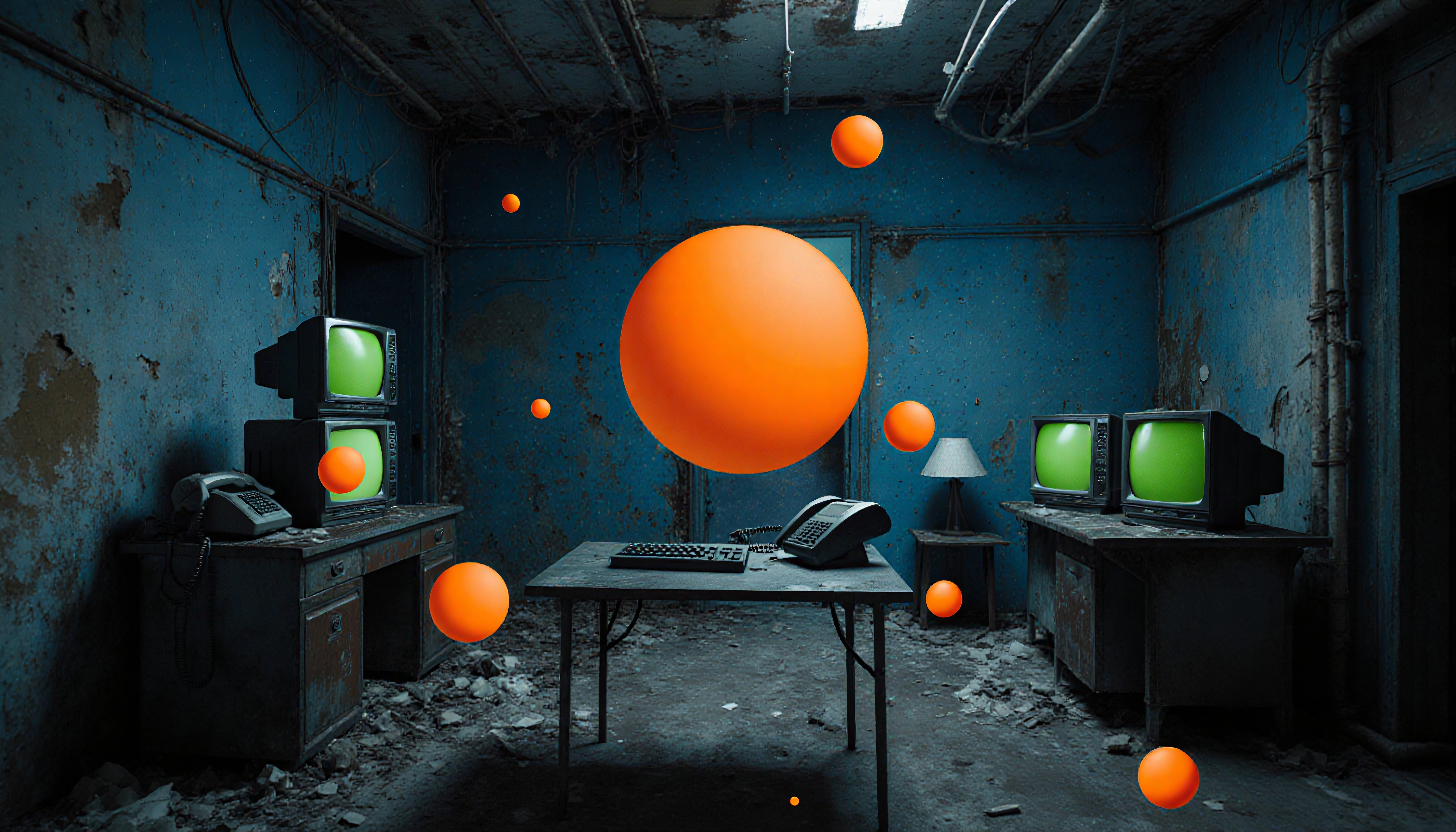 A dilapidated room with vintage tech and surreal floating orange spheres evokes nostalgia.